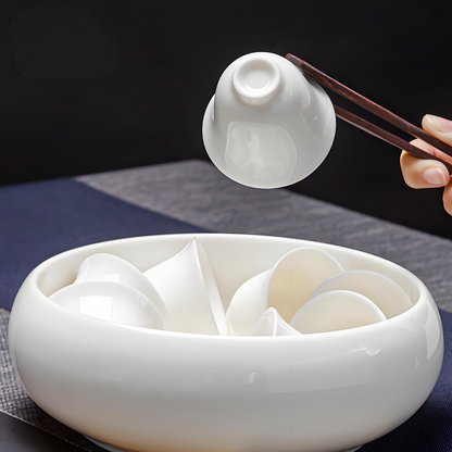 Service à thé blanc de Chine façon jade – 15 pièces en porcelaine blanche Yangzhi avec touches dorées, théière Xishi et plateau en céramique (artisanat Dehua) 