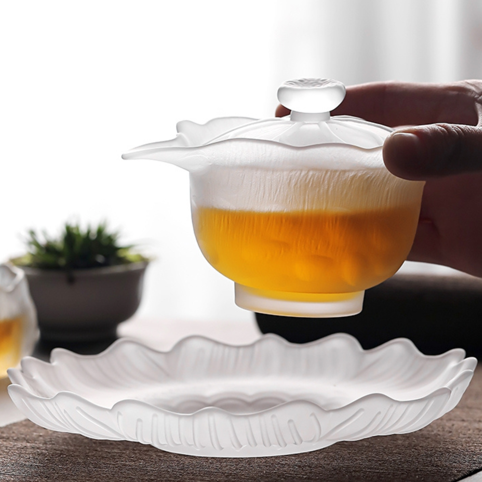 Frosted Glass Gaiwan   - Cloud Design, 170ml Handmade Liuli Tea Ceremony