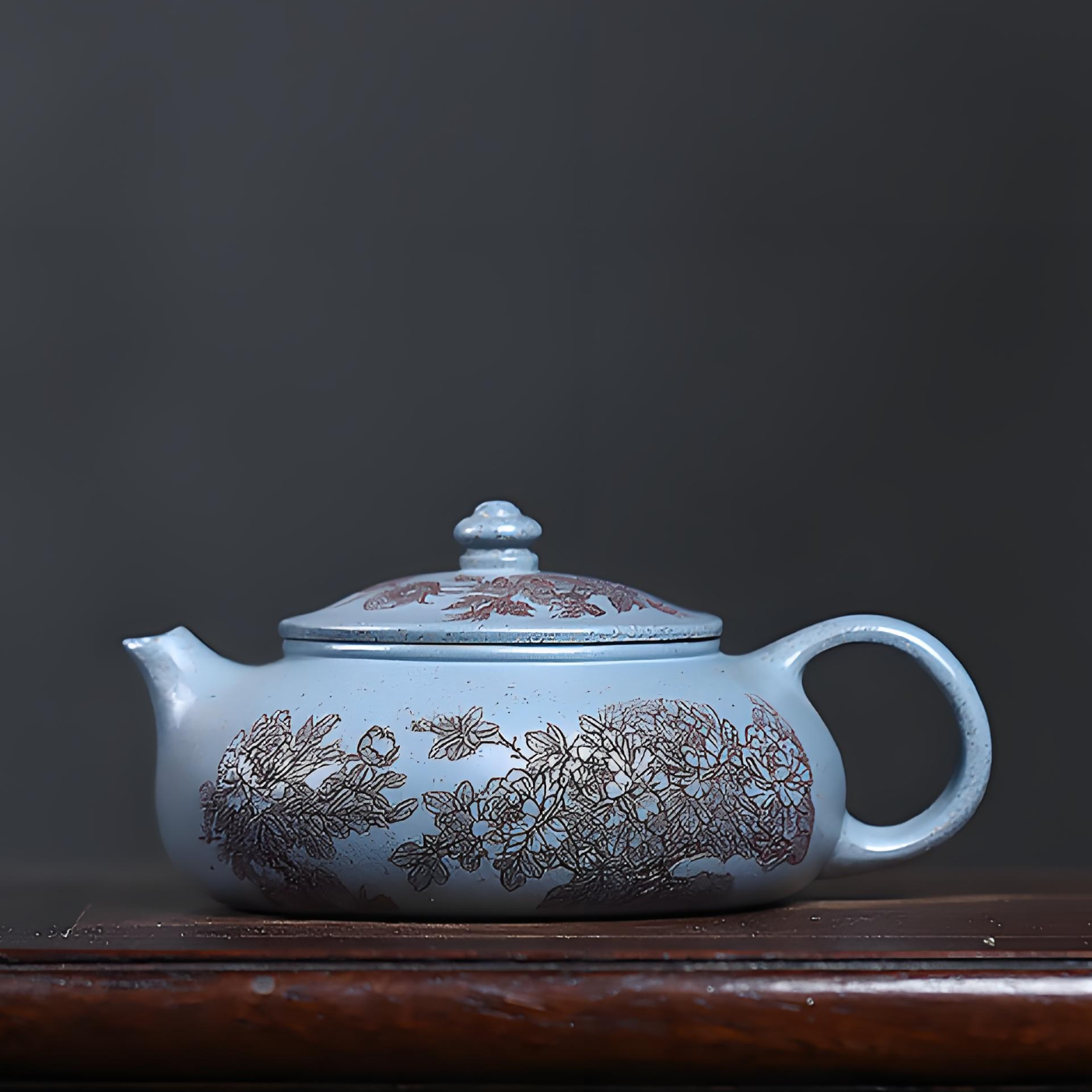 Royal Blue Zisha Teapot - 180ml Handmade Peony Engraved Design