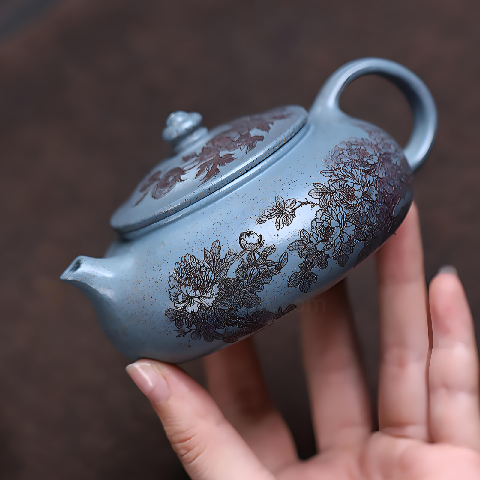 Royal Blue Zisha Teapot - 180ml Handmade Peony Engraved Design