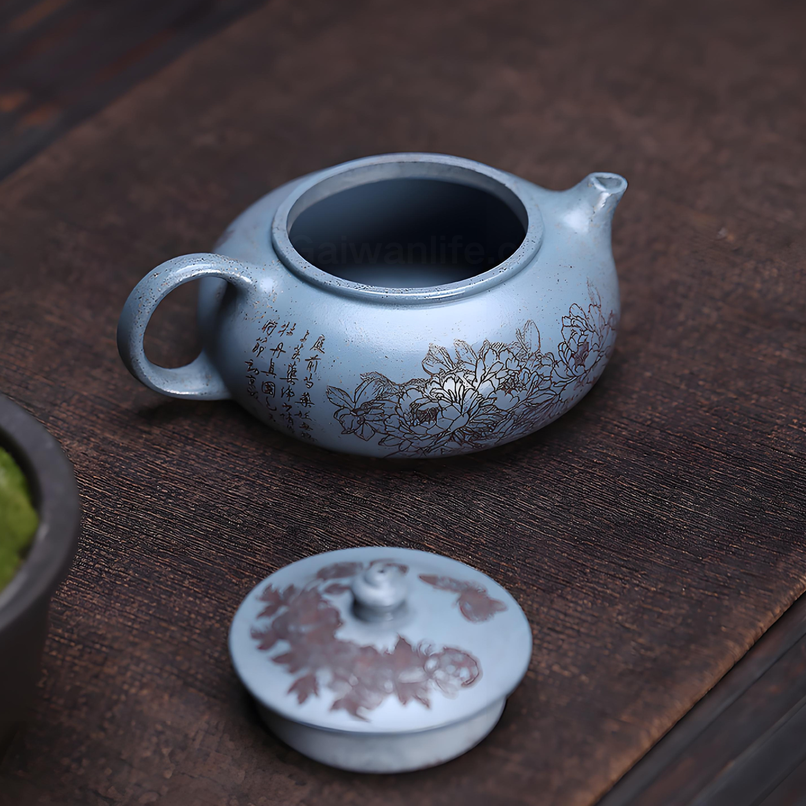 Royal Blue Zisha Teapot - 180ml Handmade Peony Engraved Design