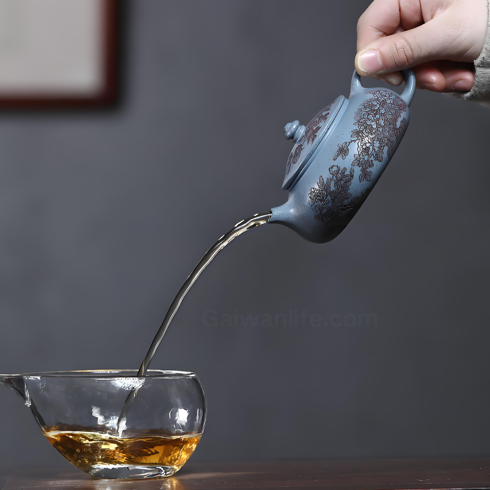 Royal Blue Zisha Teapot - 180ml Handmade Peony Engraved Design