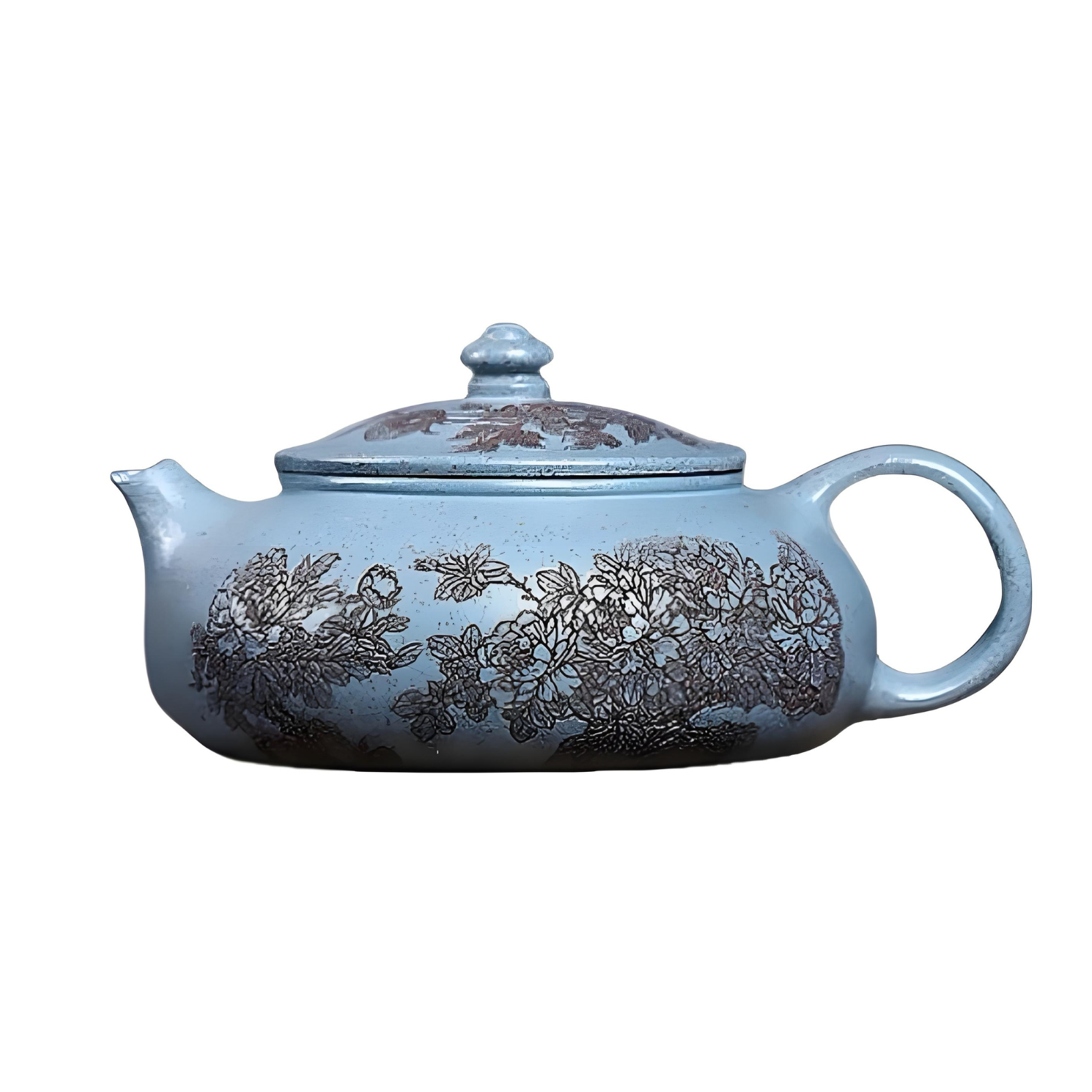Royal Blue Zisha Teapot - 180ml Handmade Peony Engraved Design