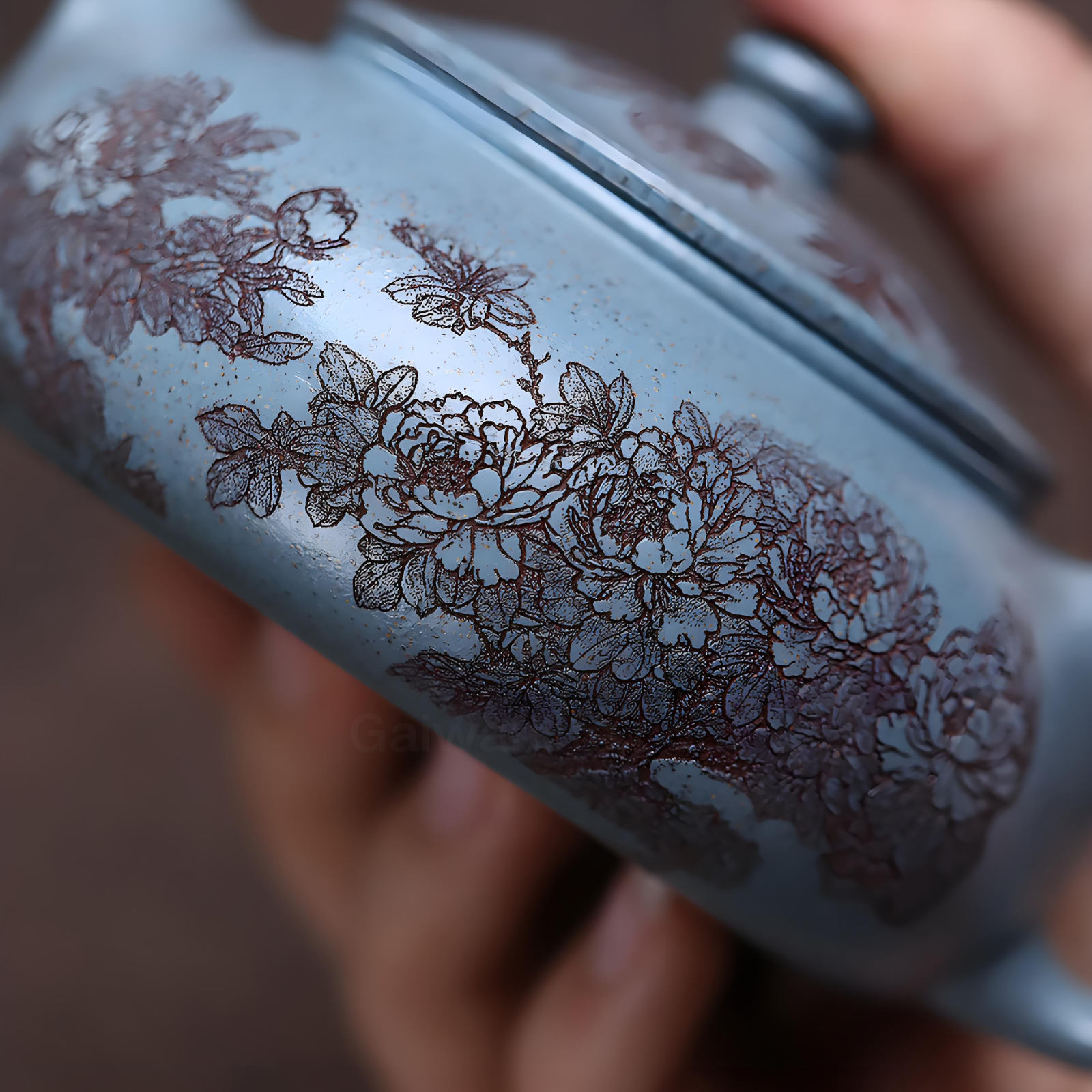Royal Blue Zisha Teapot - 180ml Handmade Peony Engraved Design