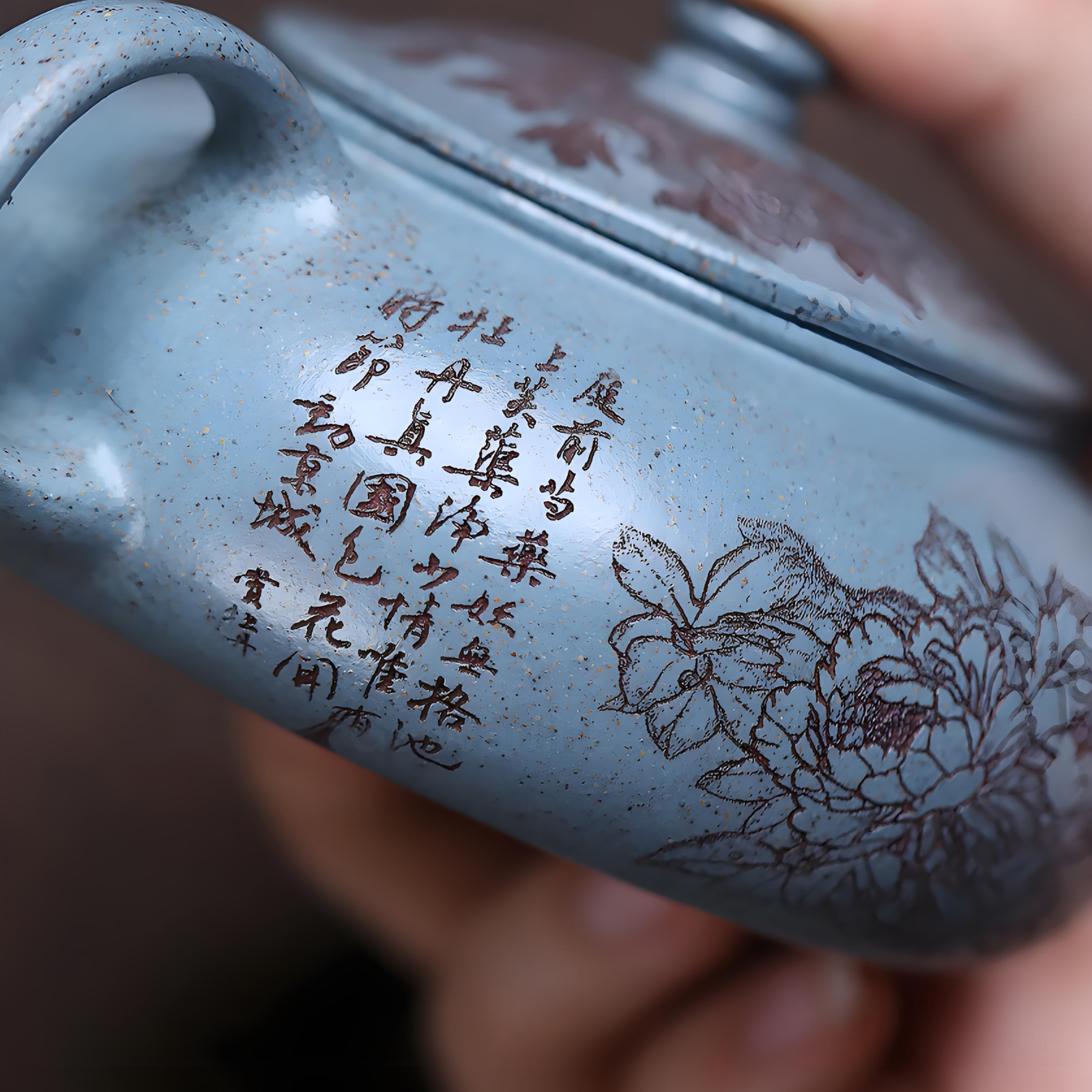 Royal Blue Zisha Teapot - 180ml Handmade Peony Engraved Design