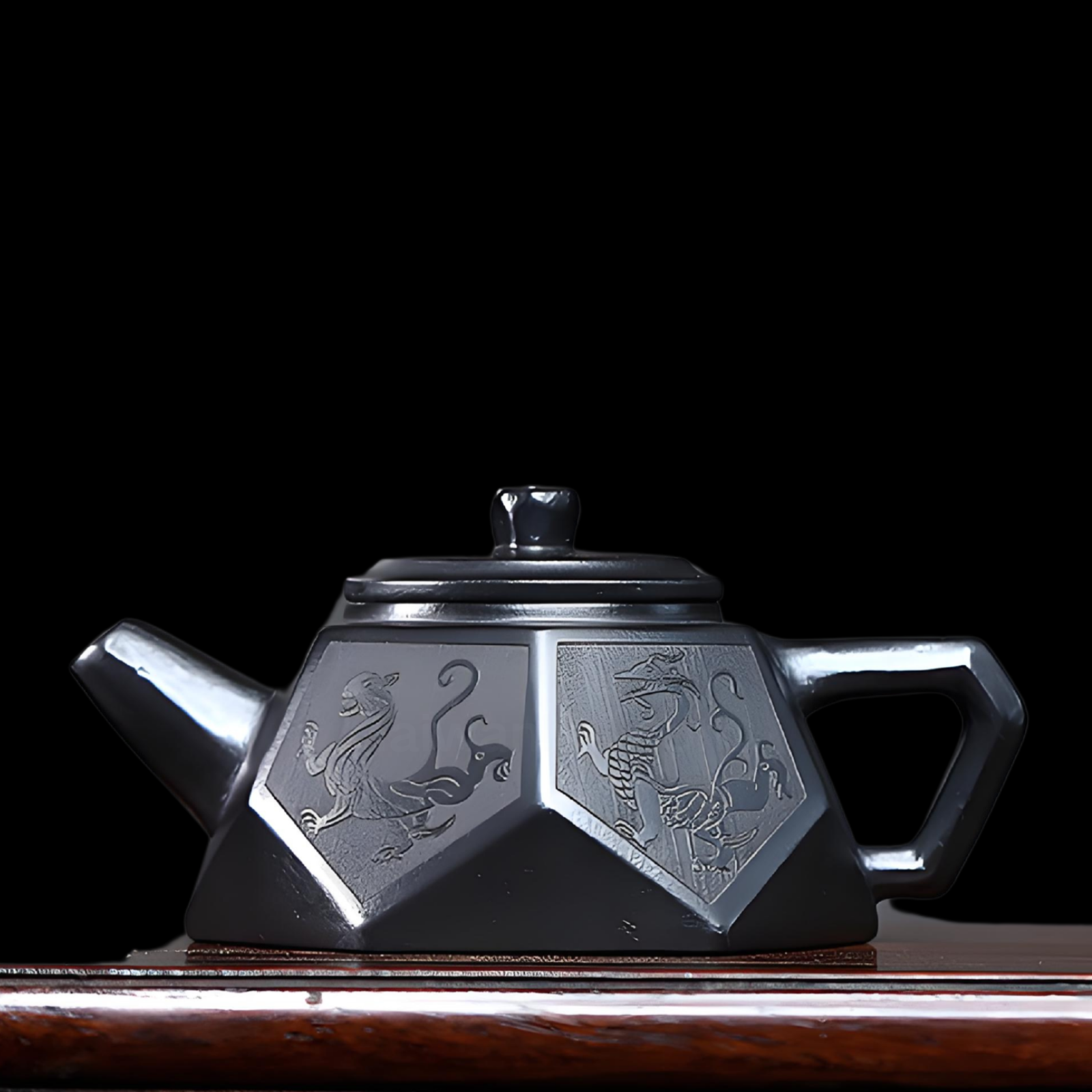Hexagonal Diamond Zisha Teapot - 220ml Handmade Black Clay