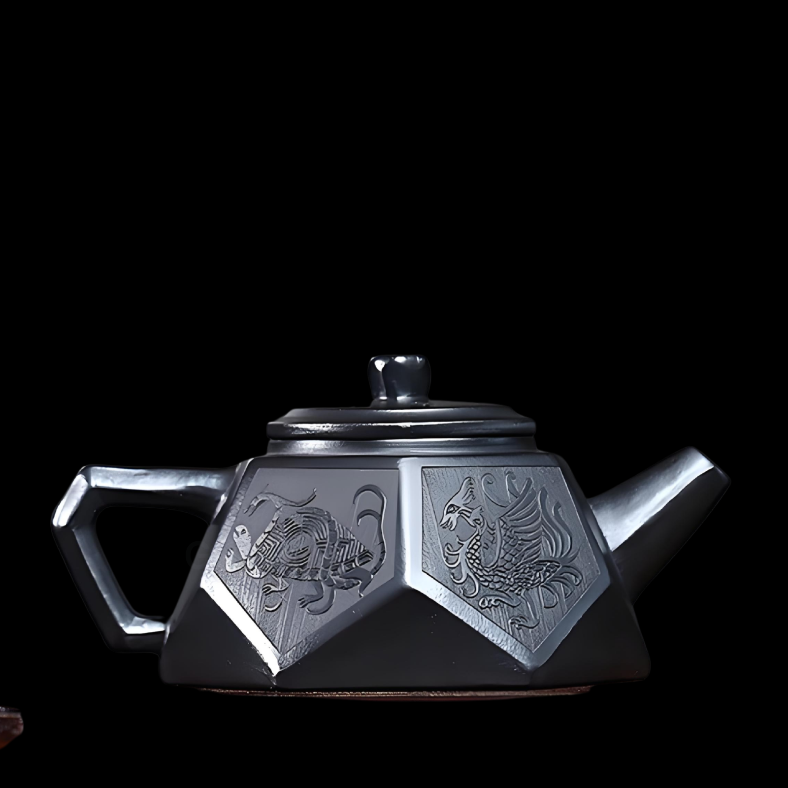 Hexagonal Diamond Zisha Teapot - 220ml Handmade Black Clay