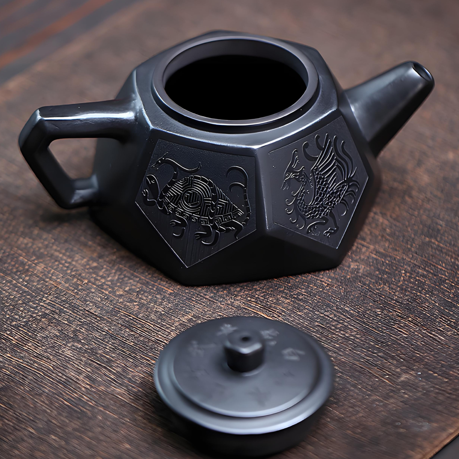 Hexagonal Diamond Zisha Teapot - 220ml Handmade Black Clay