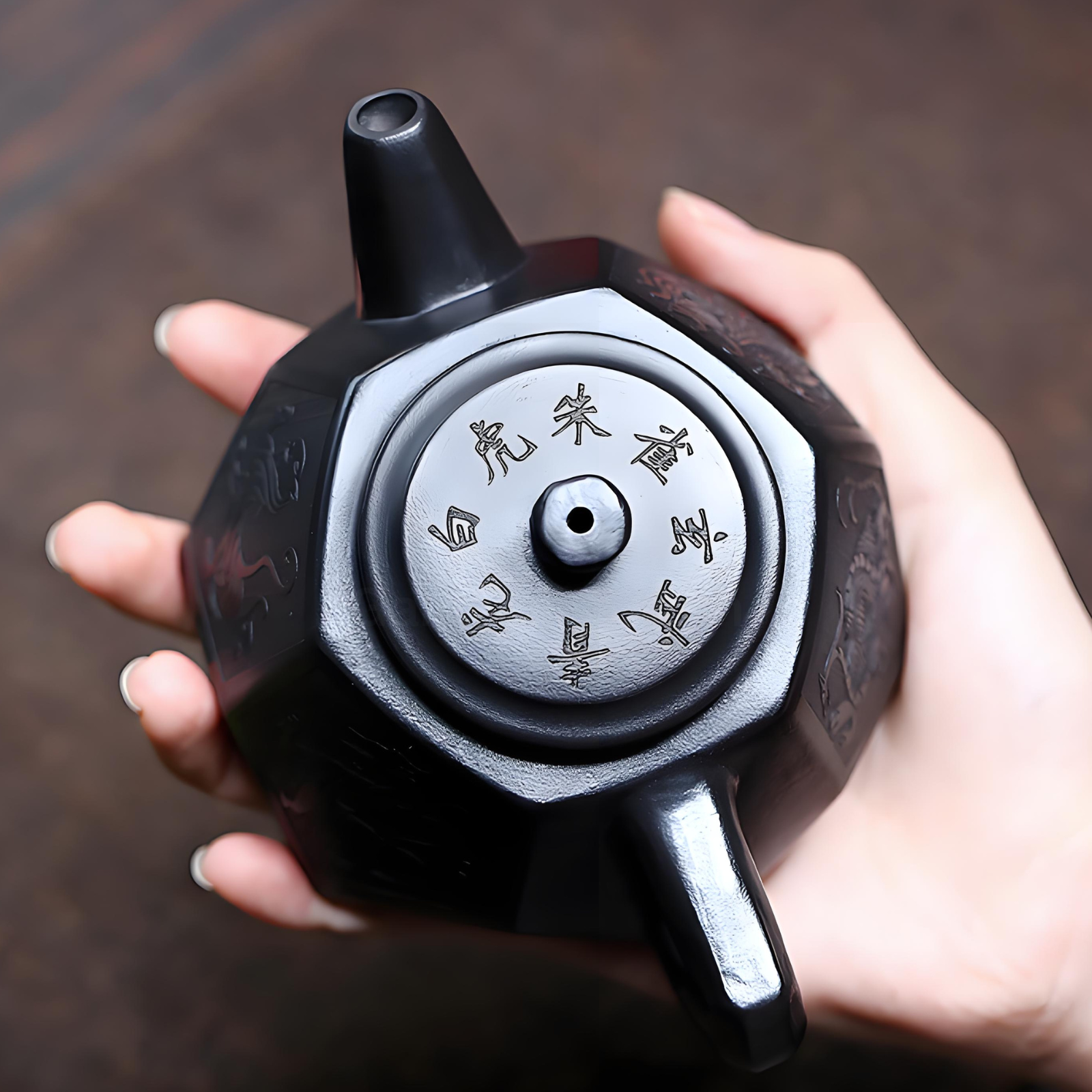 Hexagonal Diamond Zisha Teapot - 220ml Handmade Black Clay