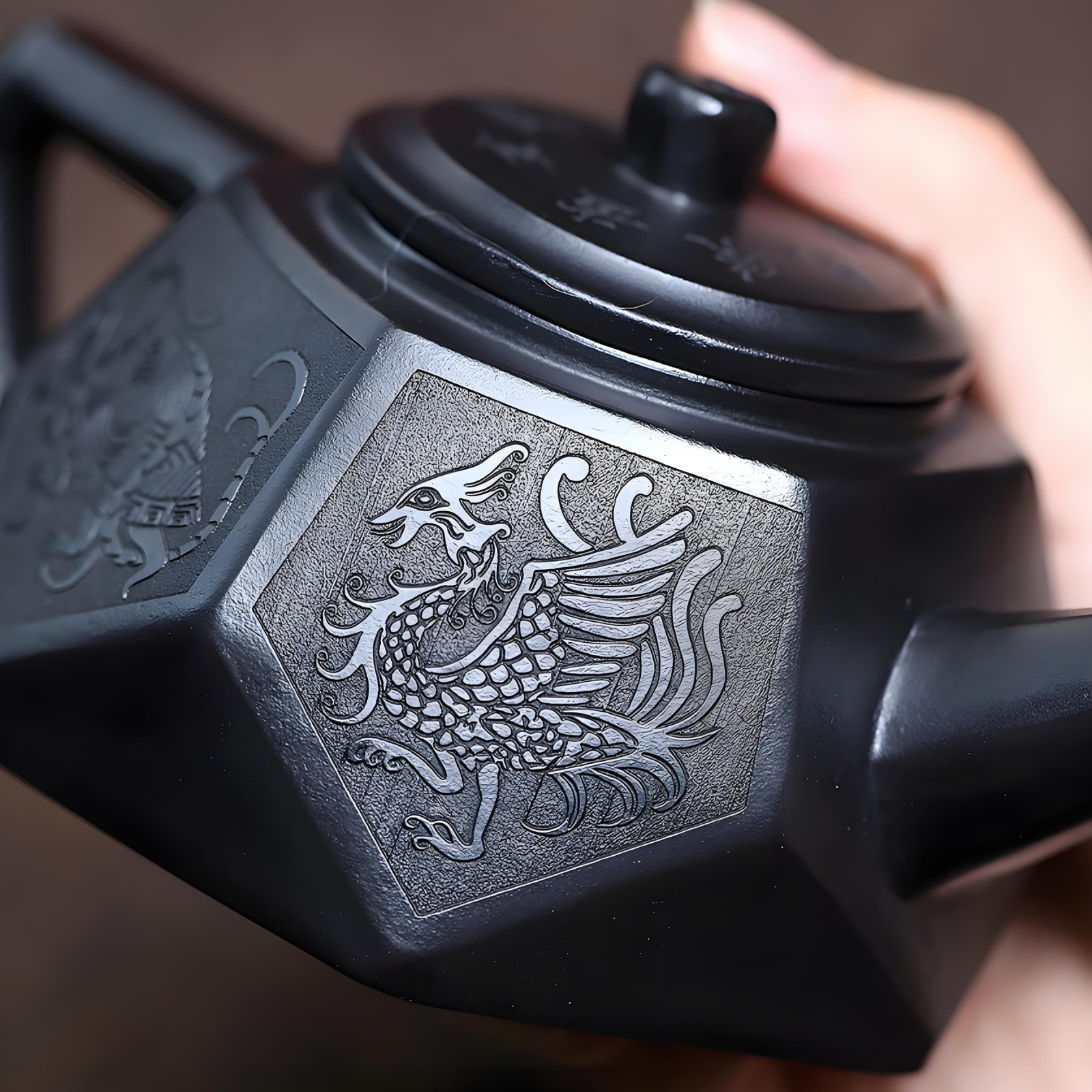 Hexagonal Diamond Zisha Teapot - 220ml Handmade Black Clay