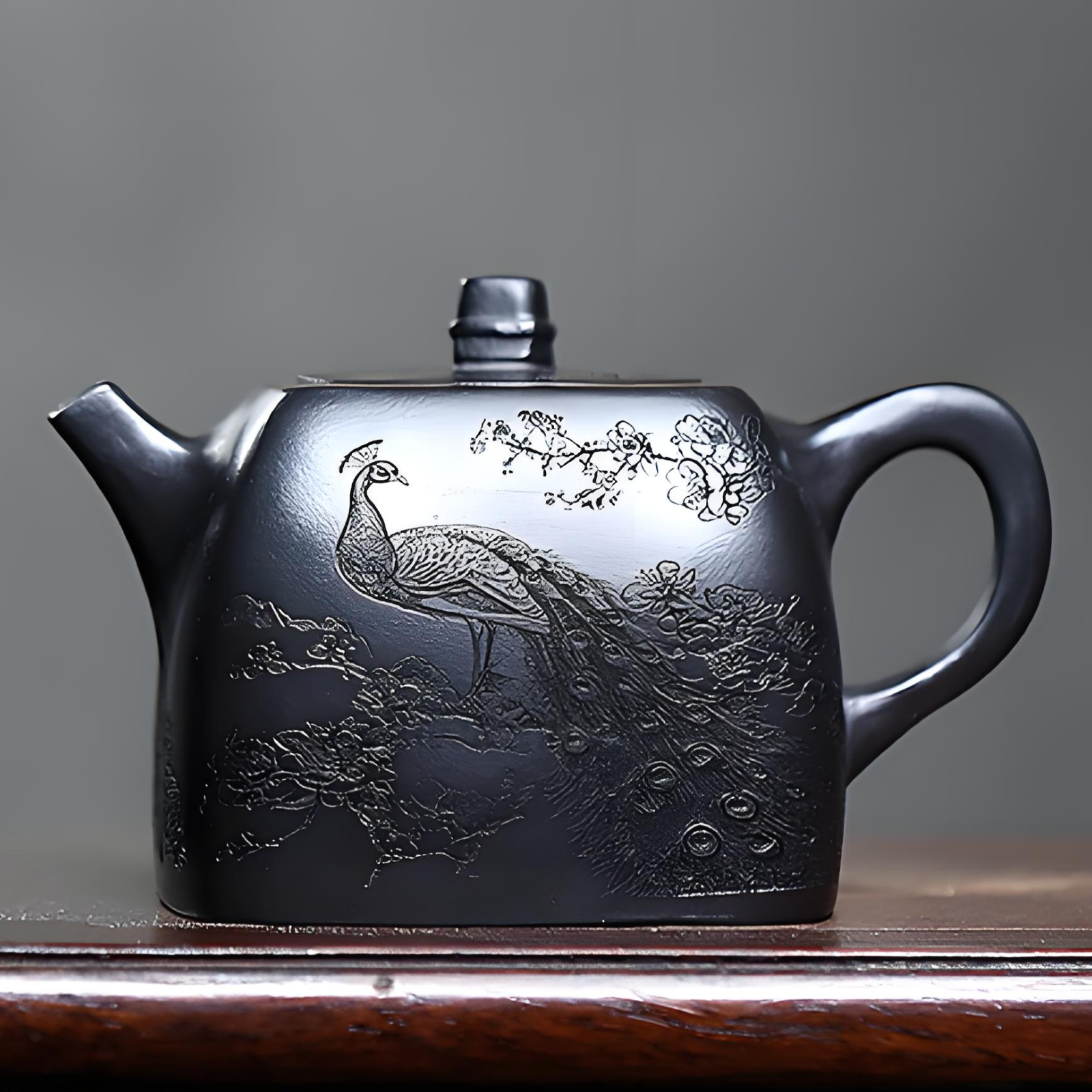 Square Handuo Zisha Teapot - 260ml Aged Black Clay, Handcrafted