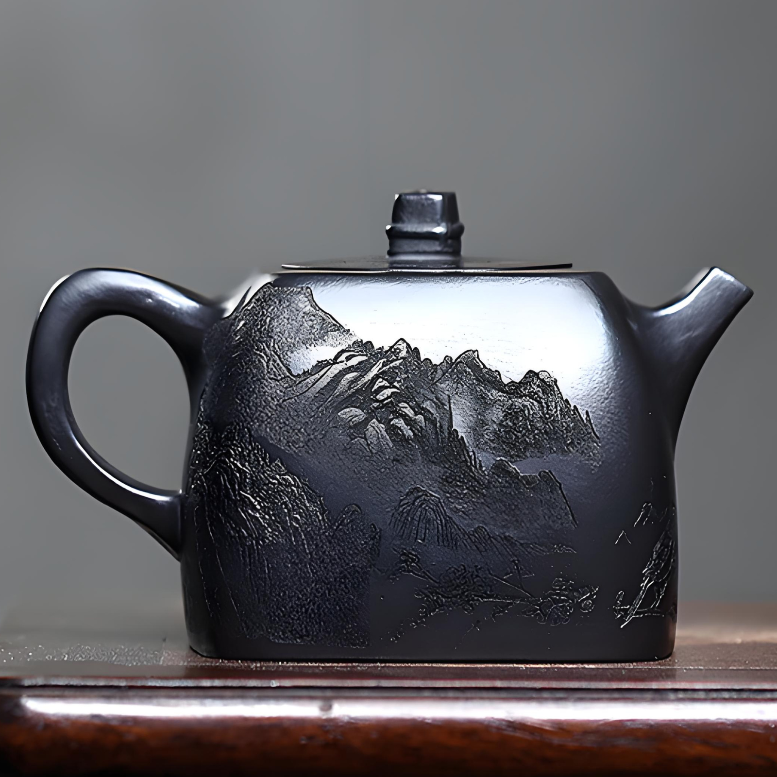 Square Handuo Zisha Teapot - 260ml Aged Black Clay, Handcrafted