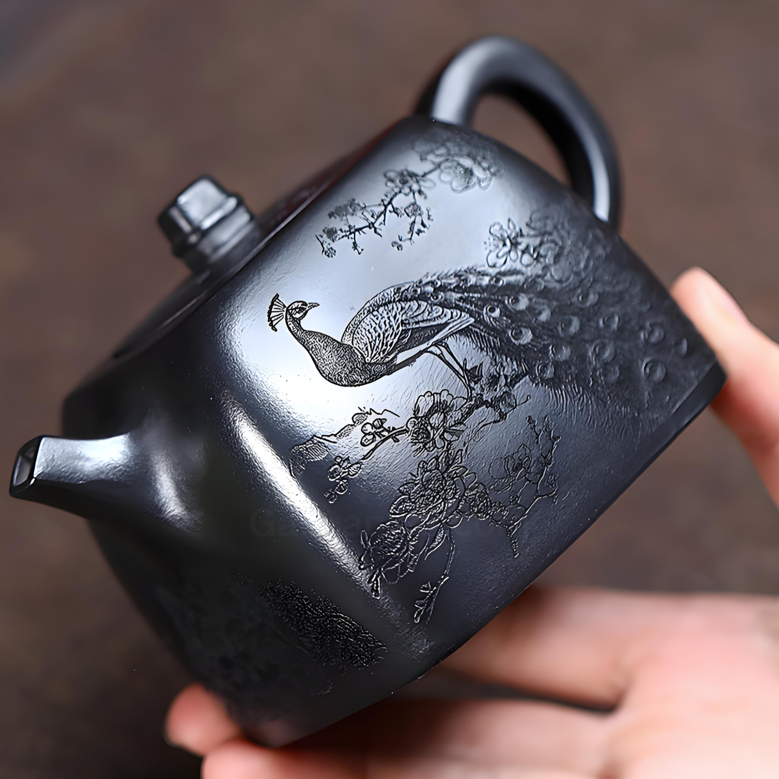 Quadratische Handuo Zisha-Teekanne – 260 ml, gealterter schwarzer Ton, handgefertigt