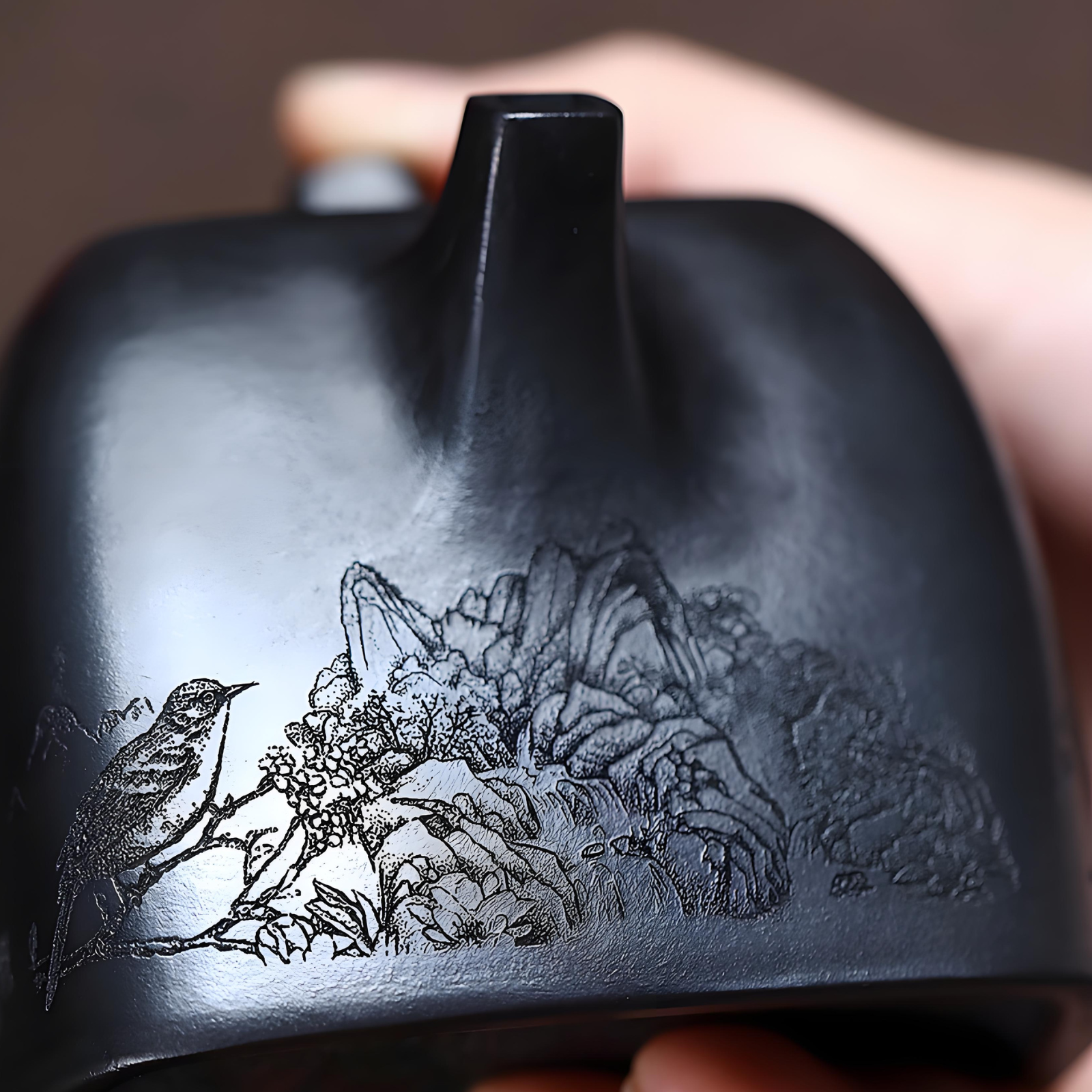 Square Handuo Zisha Teapot - 260ml Aged Black Clay, Handcrafted