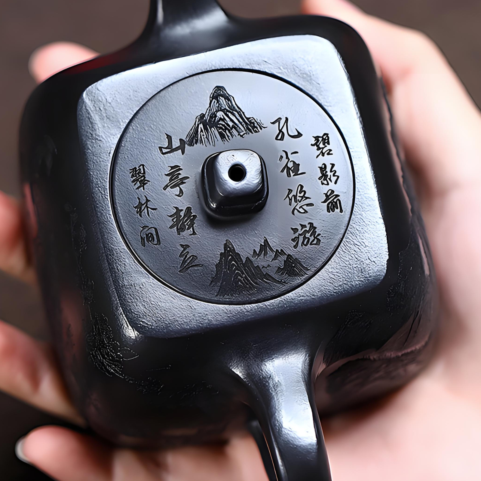 Square Handuo Zisha Teapot - 260ml Aged Black Clay, Handcrafted