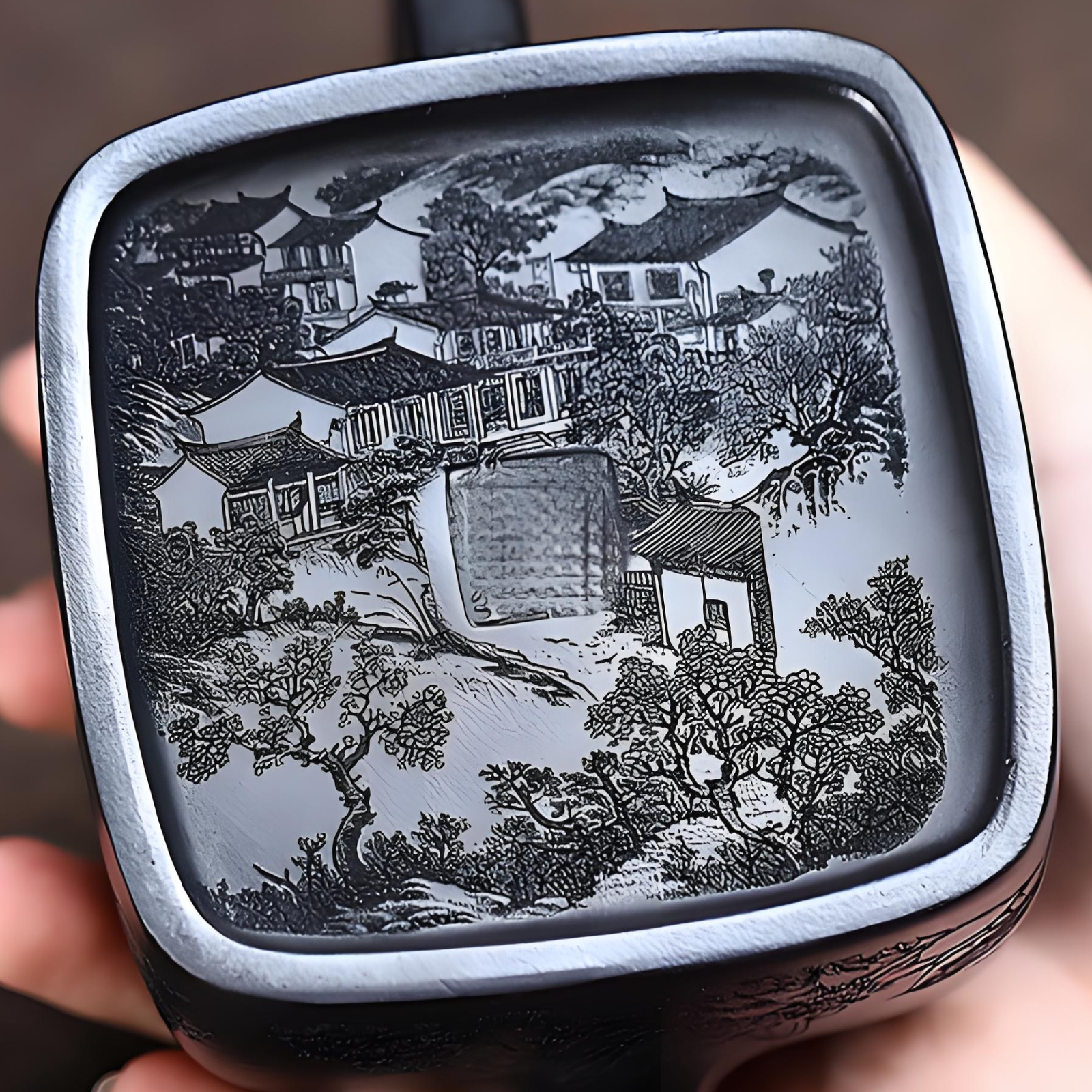 Quadratische Handuo Zisha-Teekanne – 260 ml, gealterter schwarzer Ton, handgefertigt