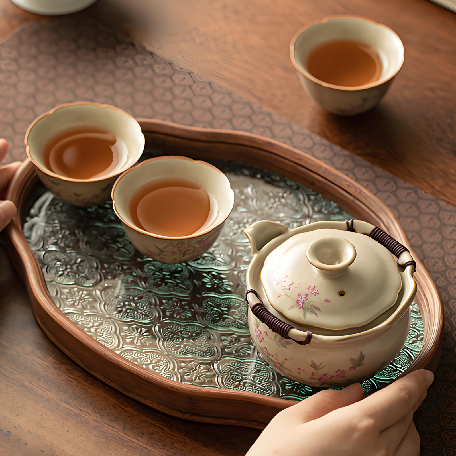 3-piece Beige Ru Kiln Gaiwan Teapot Large Tea Set with Tea Tray