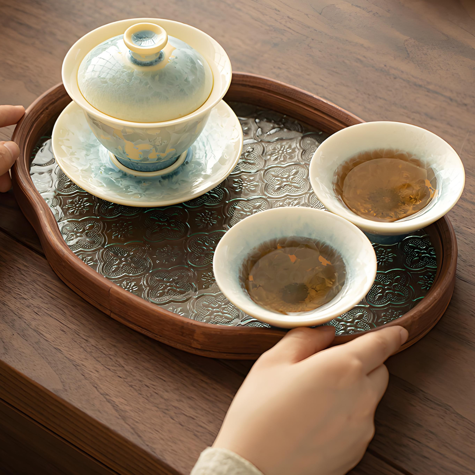 Crystal Glaze Gaiwan Tea Set 3-piece Set with Tea Tray