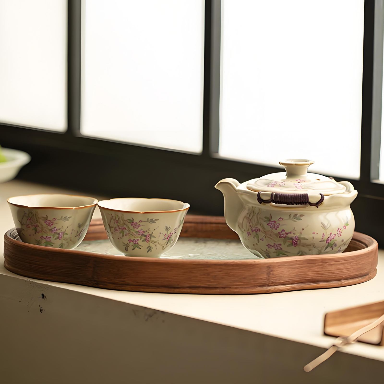 3-teiliges beiges Ru Kiln Gaiwan-Teekannen-Set, großes Teeservice mit Teetablett