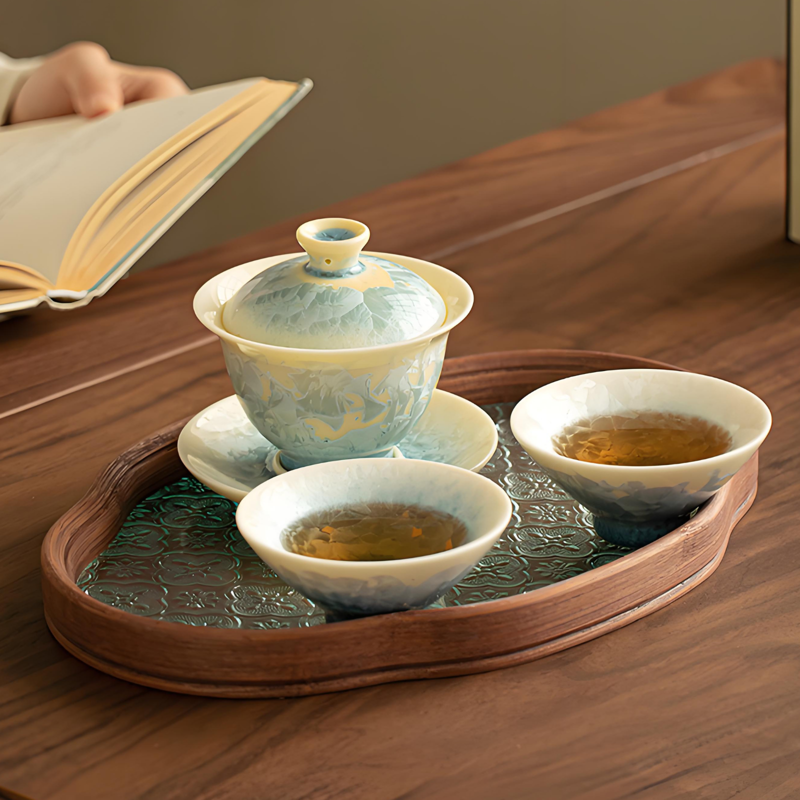 Crystal Glaze Gaiwan Tea Set 3-piece Set with Tea Tray