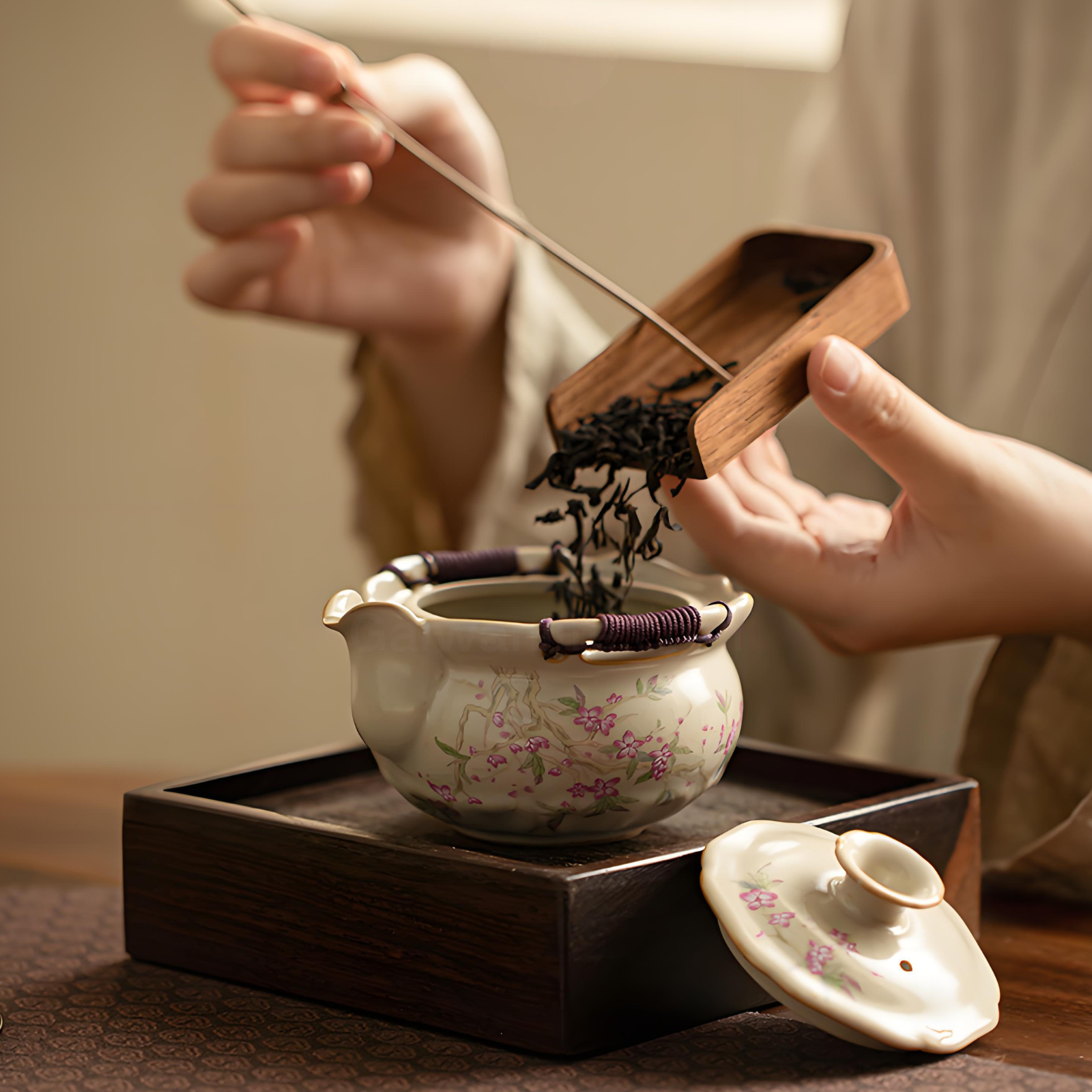 3-teiliges beiges Ru Kiln Gaiwan-Teekannen-Set, großes Teeservice mit Teetablett