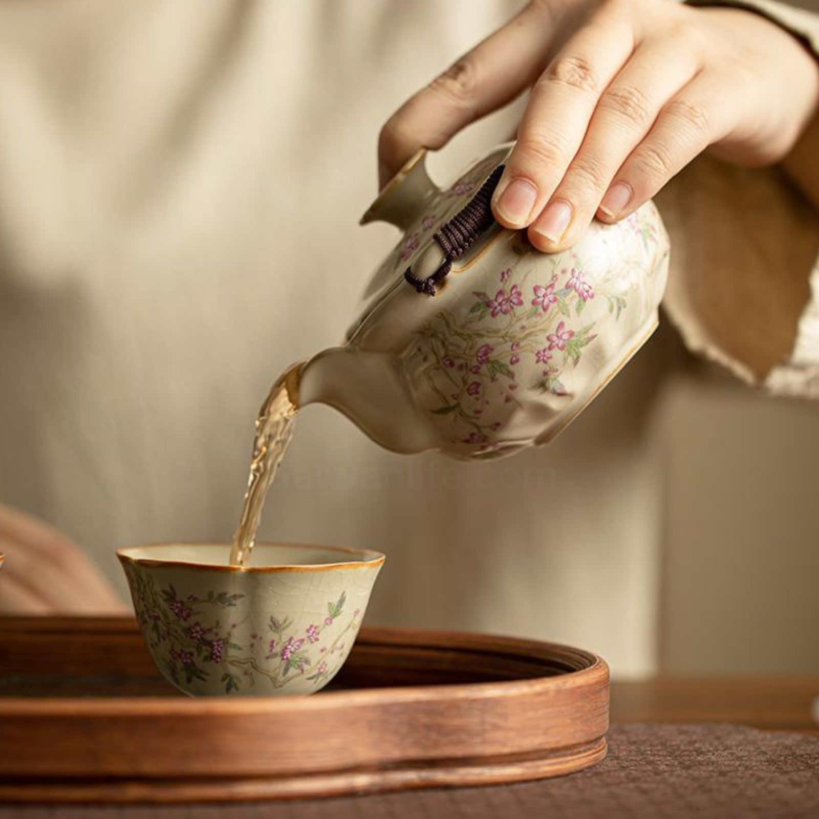 3-teiliges beiges Ru Kiln Gaiwan-Teekannen-Set, großes Teeservice mit Teetablett