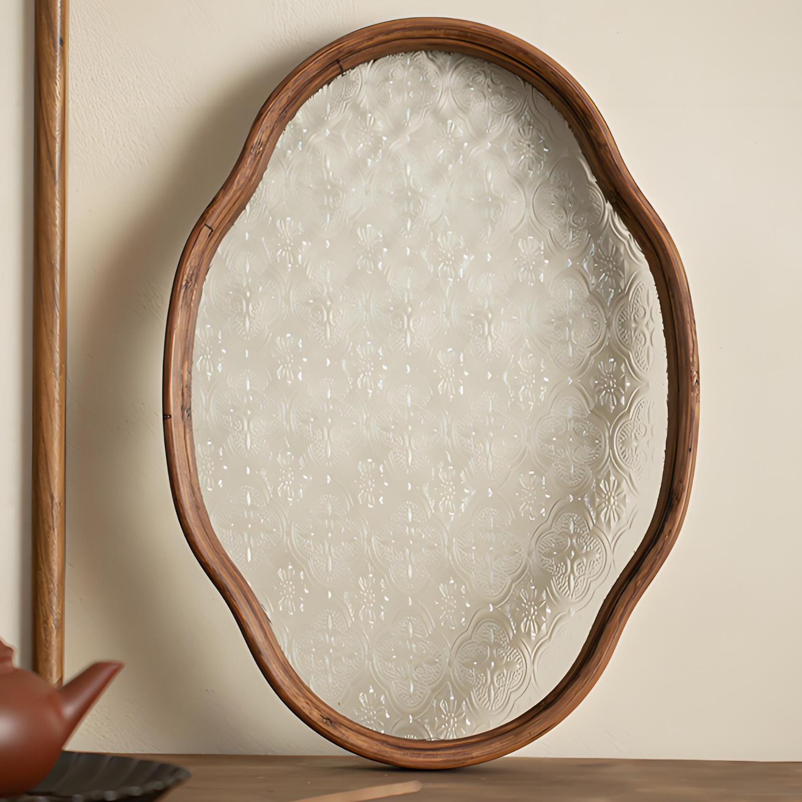 3-teiliges beiges Ru Kiln Gaiwan-Teekannen-Set, großes Teeservice mit Teetablett