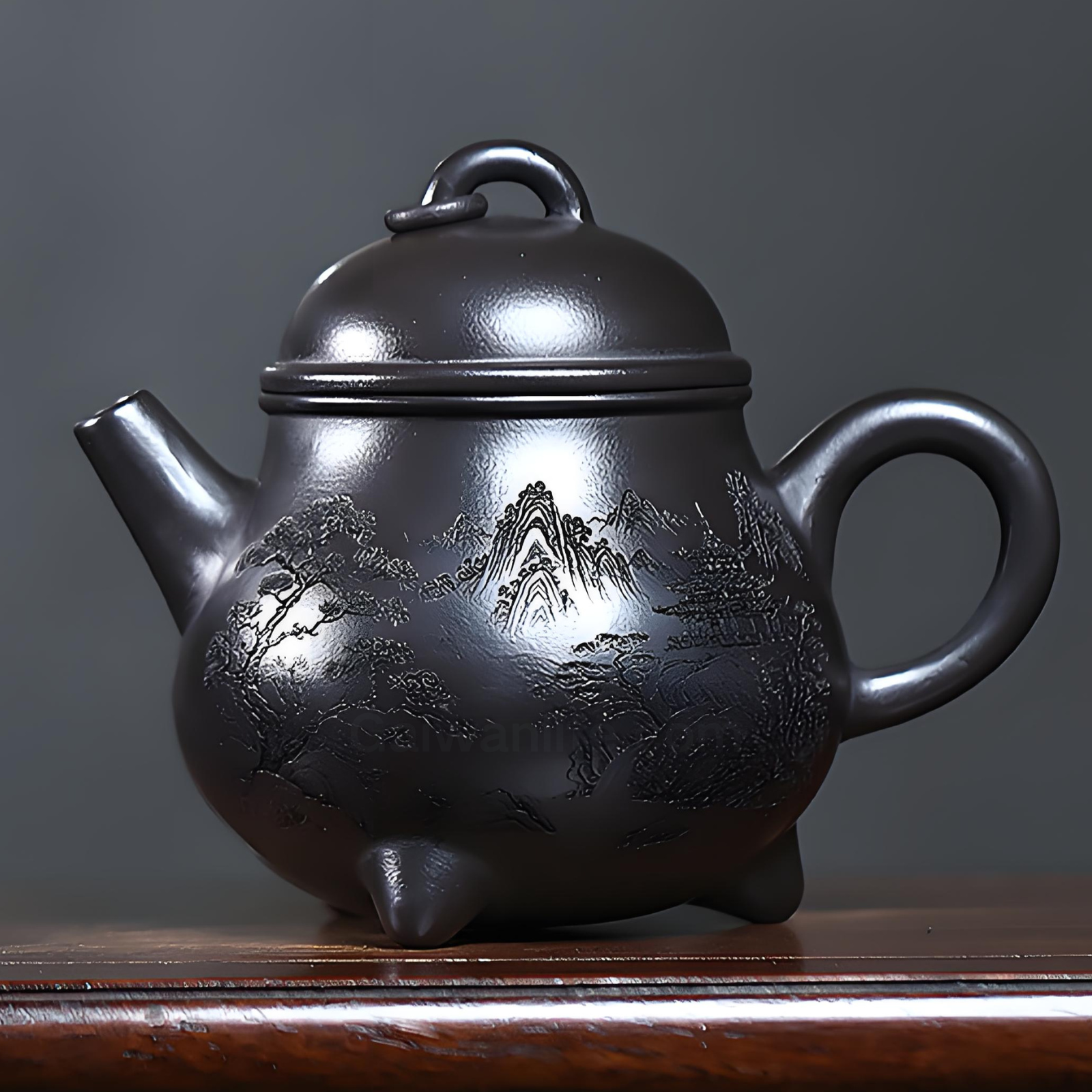 Three-Legged Tripod Zisha Teapot - 310ml Handmade Xuanti Shihuang Clay