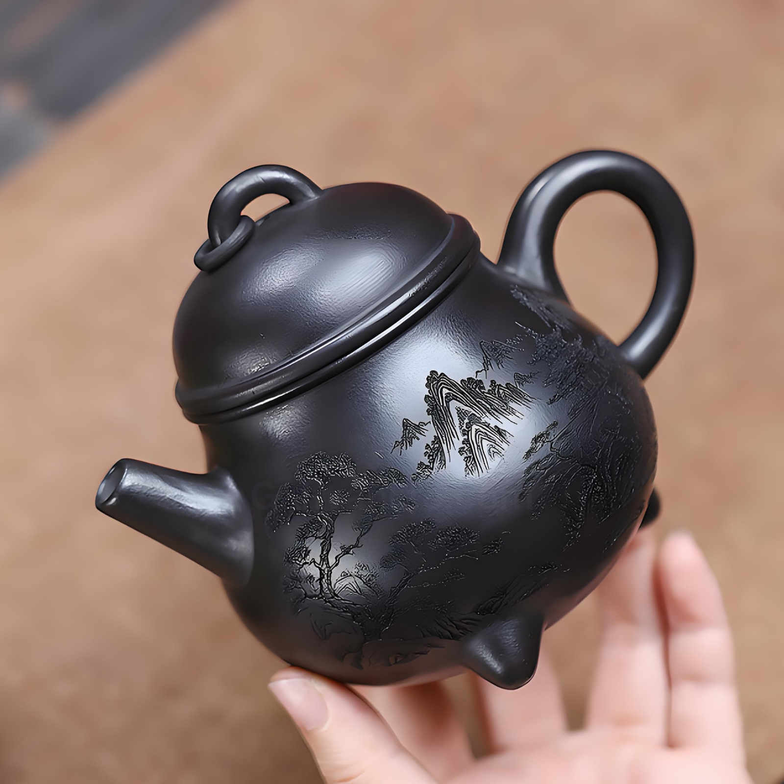 Three-Legged Tripod Zisha Teapot - 310ml Handmade Xuanti Shihuang Clay