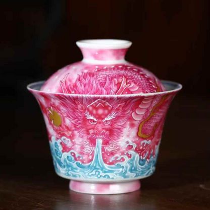 Coffret Gaiwan Dragon Or Rouge Rubis Jingdezhen - 220 ml, céramique peinte à la main, édition collector