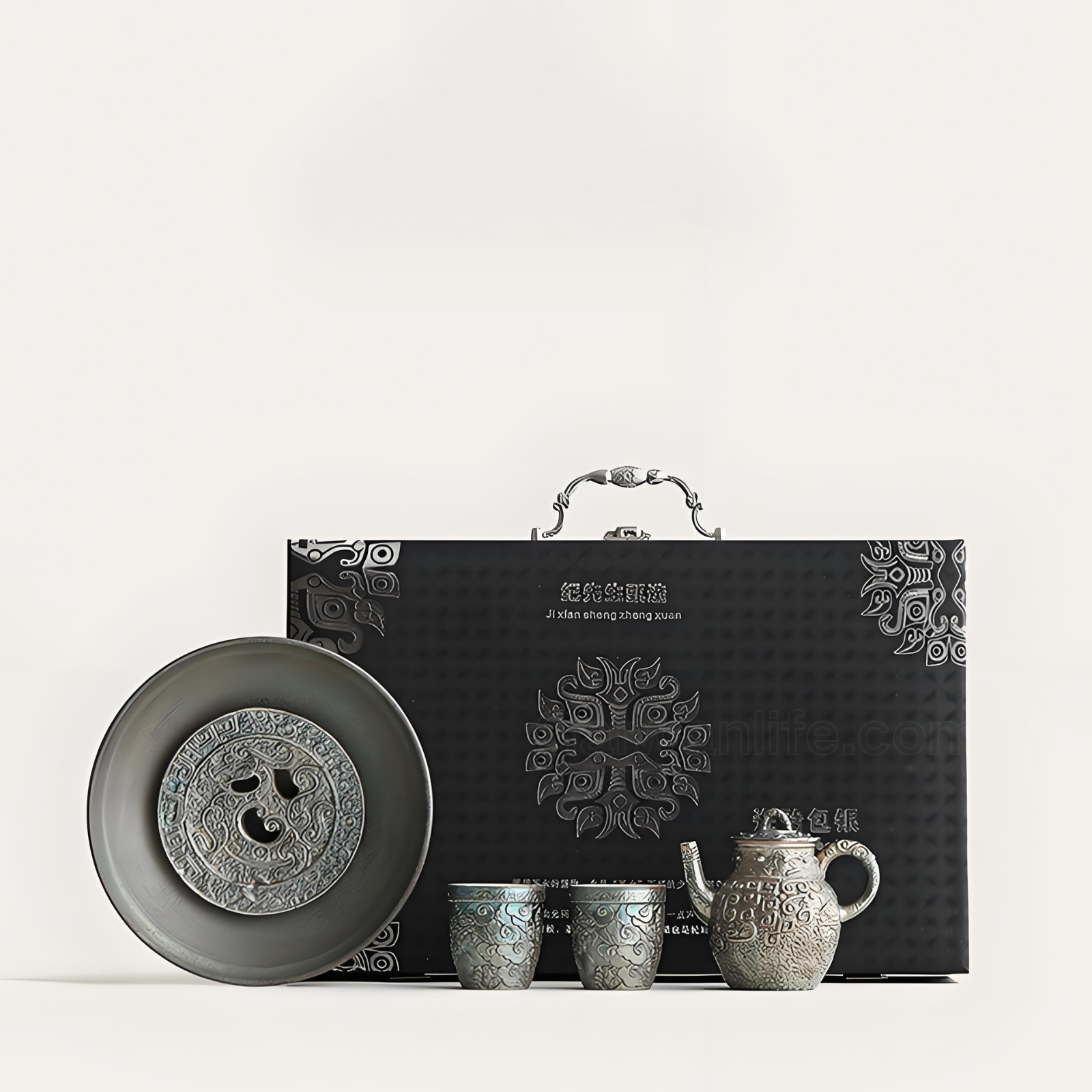 Antique-Inspired Silver-Inlaid Cloud & Thunder Teapot Set for Two - Dehua Ceramic with Ritual Design