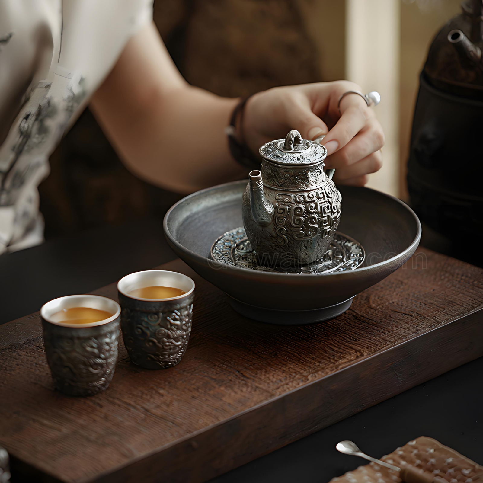 Antique-Inspired Silver-Inlaid Cloud & Thunder Teapot Set for Two - Dehua Ceramic with Ritual Design