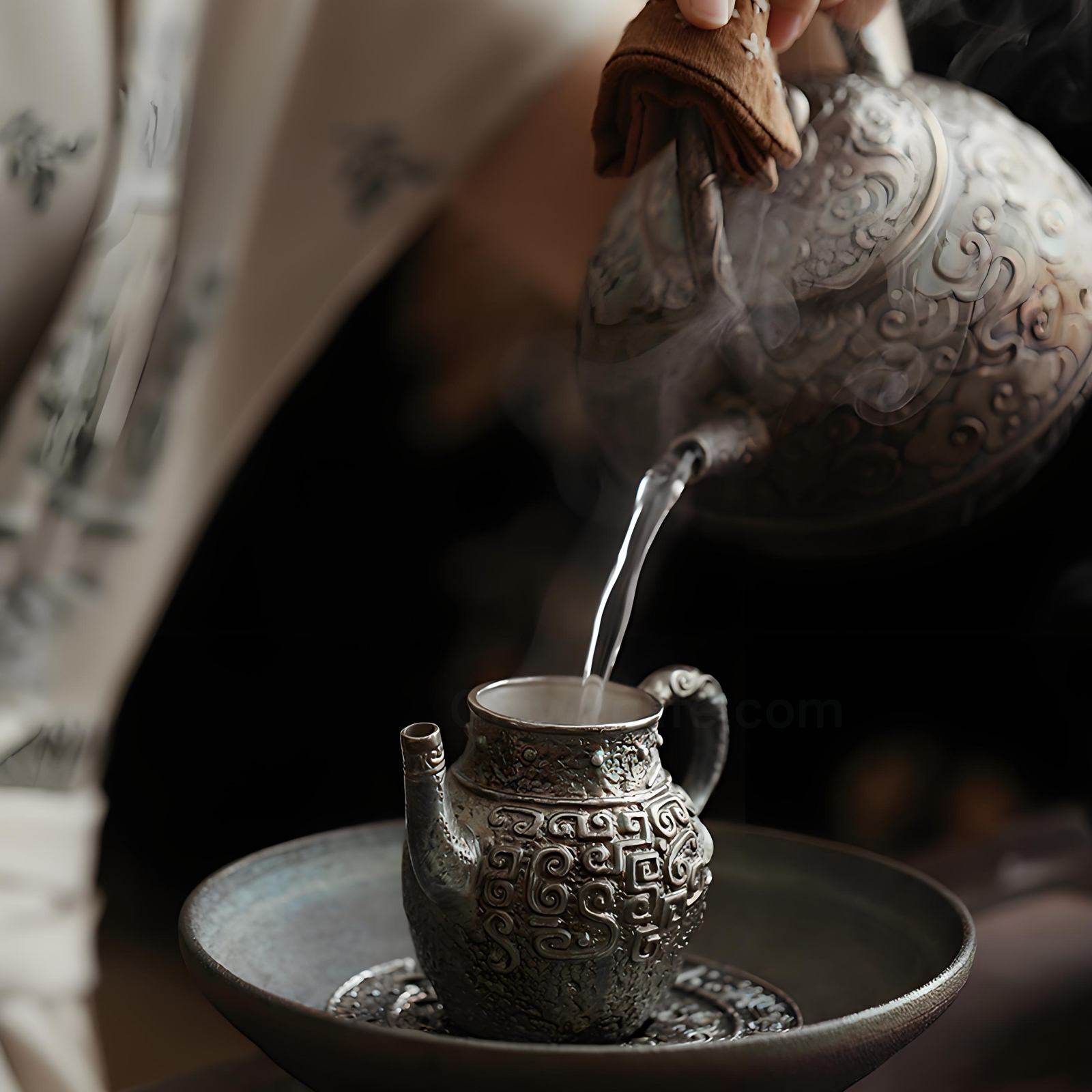 Antique-Inspired Silver-Inlaid Cloud & Thunder Teapot Set for Two - Dehua Ceramic with Ritual Design