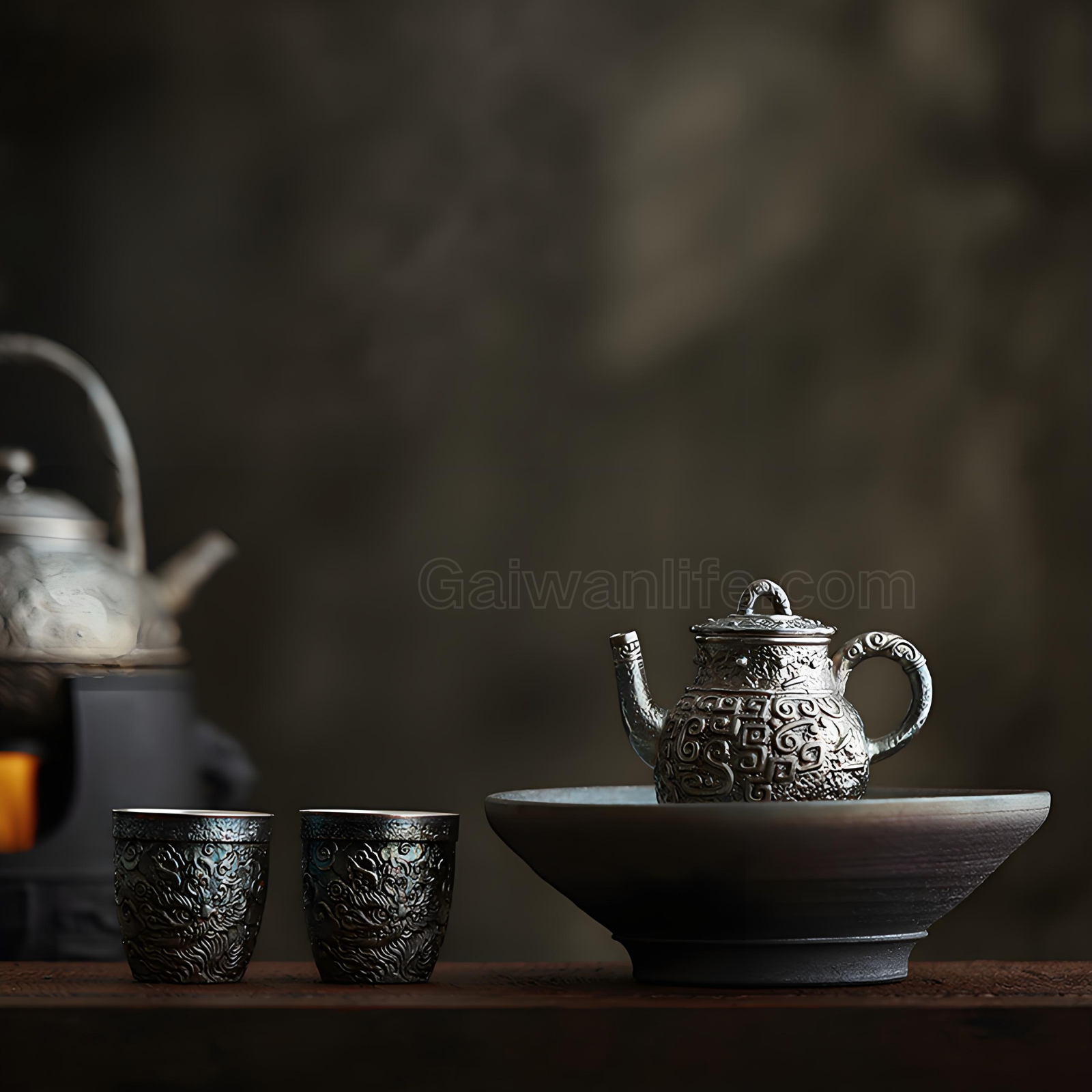 Antique-Inspired Silver-Inlaid Cloud & Thunder Teapot Set for Two - Dehua Ceramic with Ritual Design