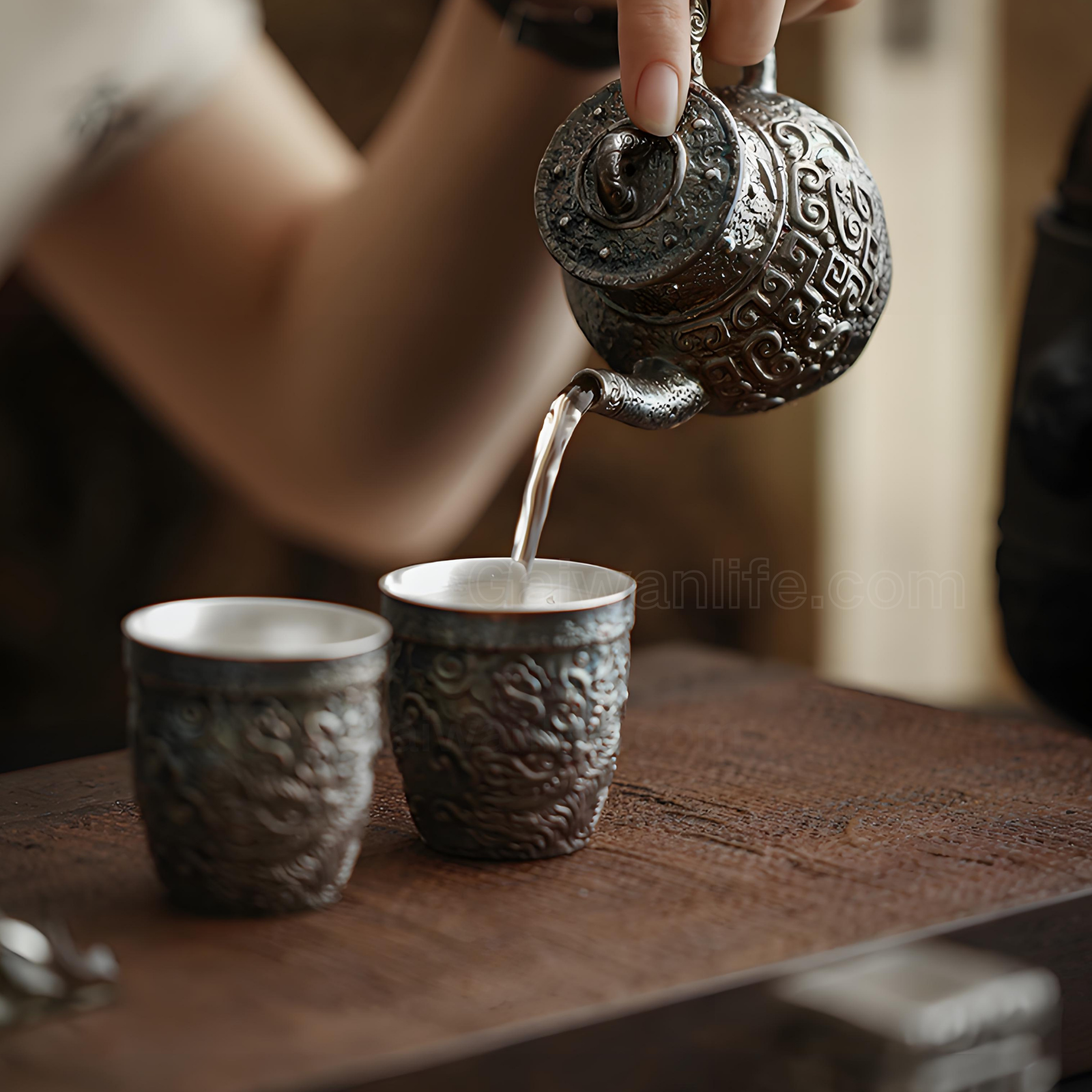 Antique-Inspired Silver-Inlaid Cloud & Thunder Teapot Set for Two - Dehua Ceramic with Ritual Design