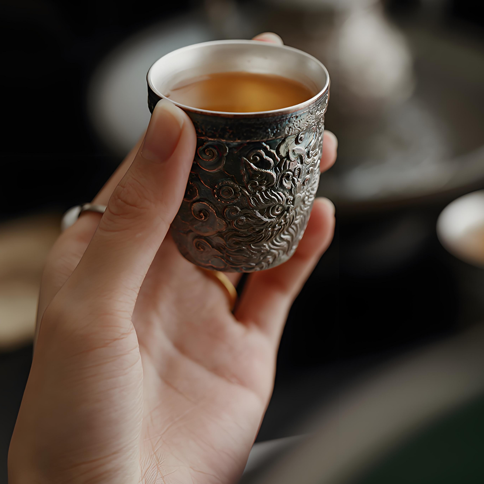 Antique-Inspired Silver-Inlaid Cloud & Thunder Teapot Set for Two - Dehua Ceramic with Ritual Design
