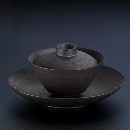 Gilded Ceramic Gaiwan Set - Handcrafted Black Pottery with Gold Accents, 180ml