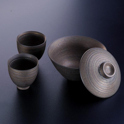 Gilded Ceramic Gaiwan Set - Handcrafted Black Pottery with Gold Accents, 180ml