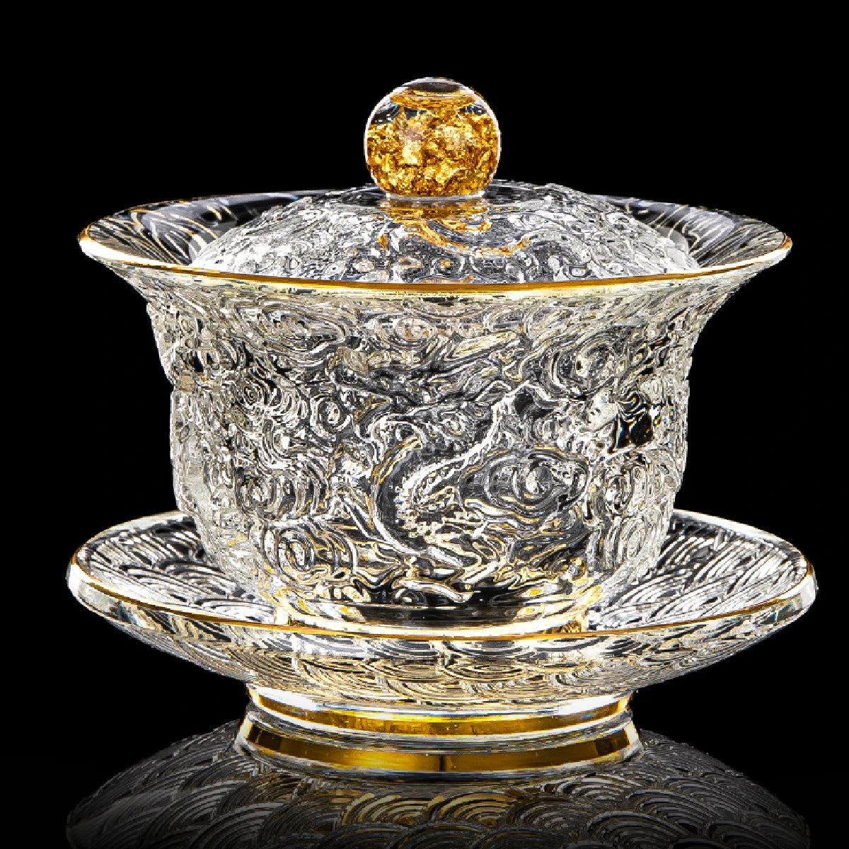 Chinese relief dragon glass Gaiwan