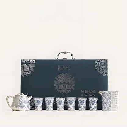 Blue & Silver Ceramic Tea Set with Lotus Design - 10-Piece Handcrafted Gongfu Set