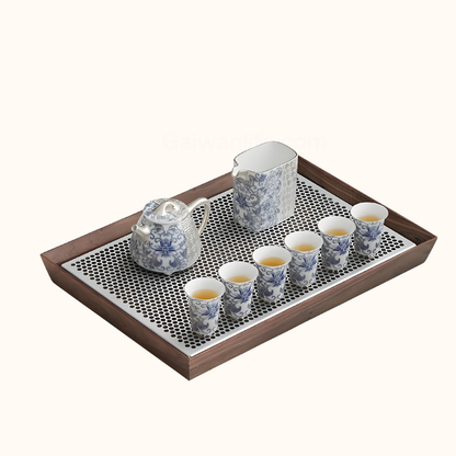 Blue & Silver Ceramic Tea Set with Lotus Design - 10-Piece Handcrafted Gongfu Set