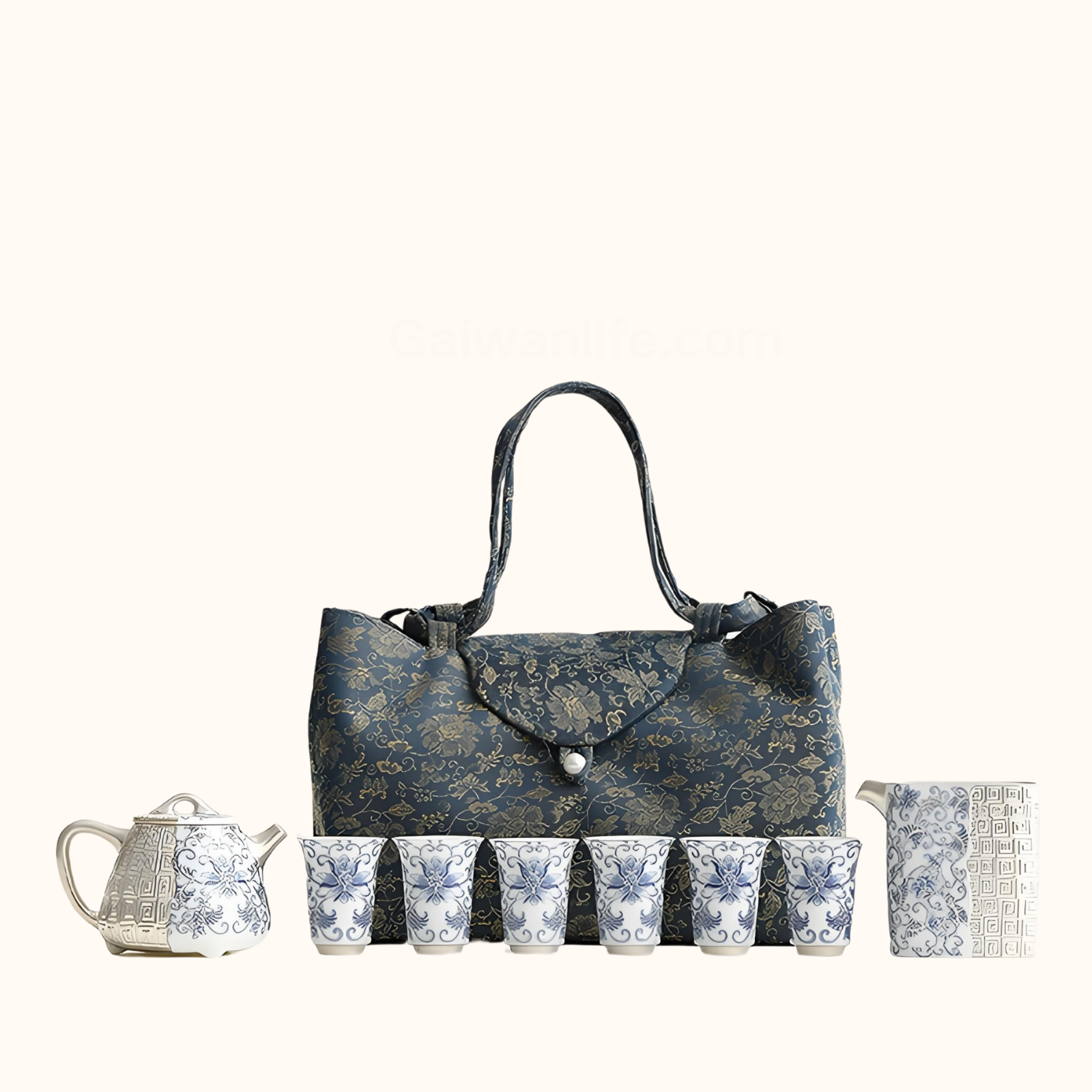 Blue & Silver Ceramic Tea Set with Lotus Design - 10-Piece Handcrafted Gongfu Set