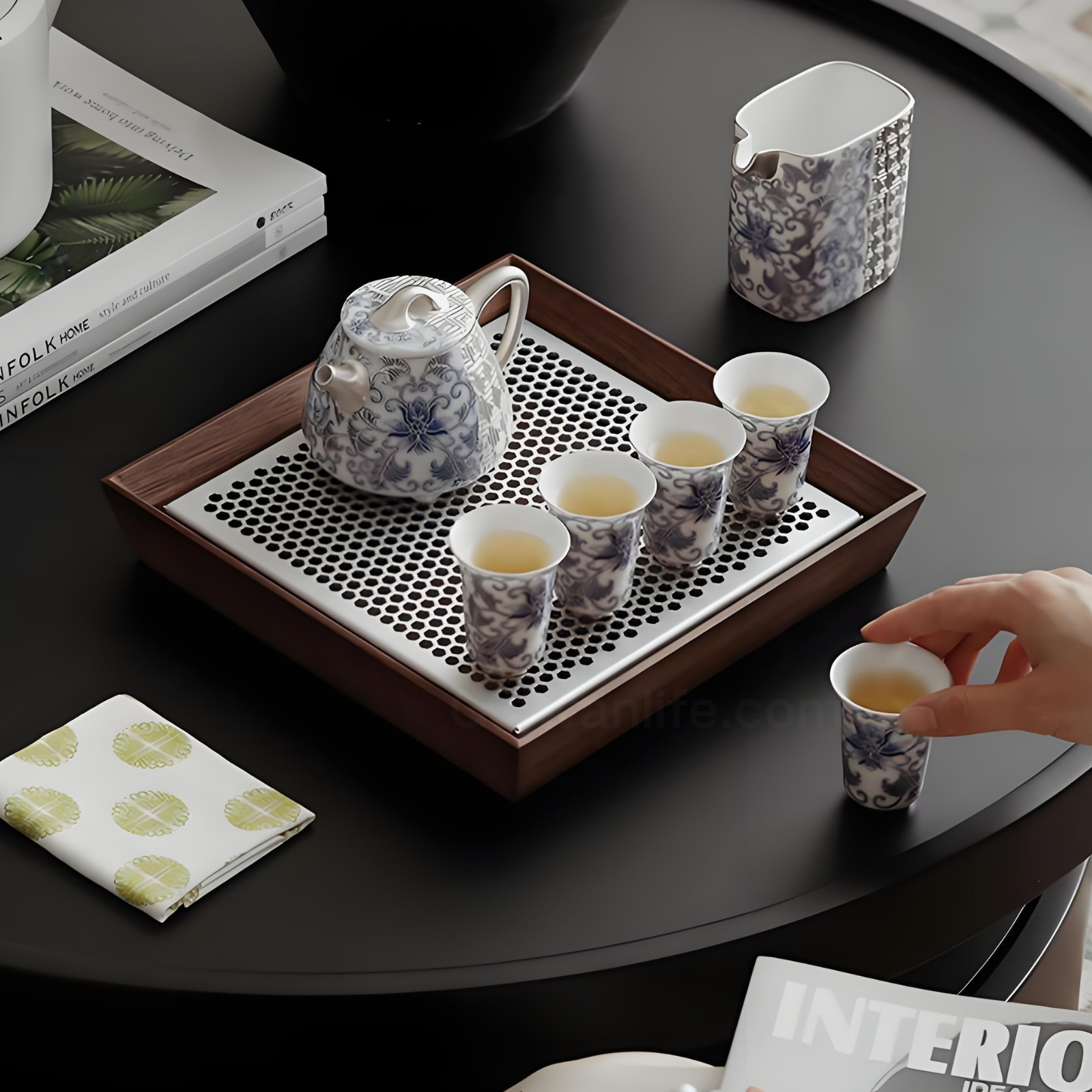 Blue & Silver Ceramic Tea Set with Lotus Design - 10-Piece Handcrafted Gongfu Set