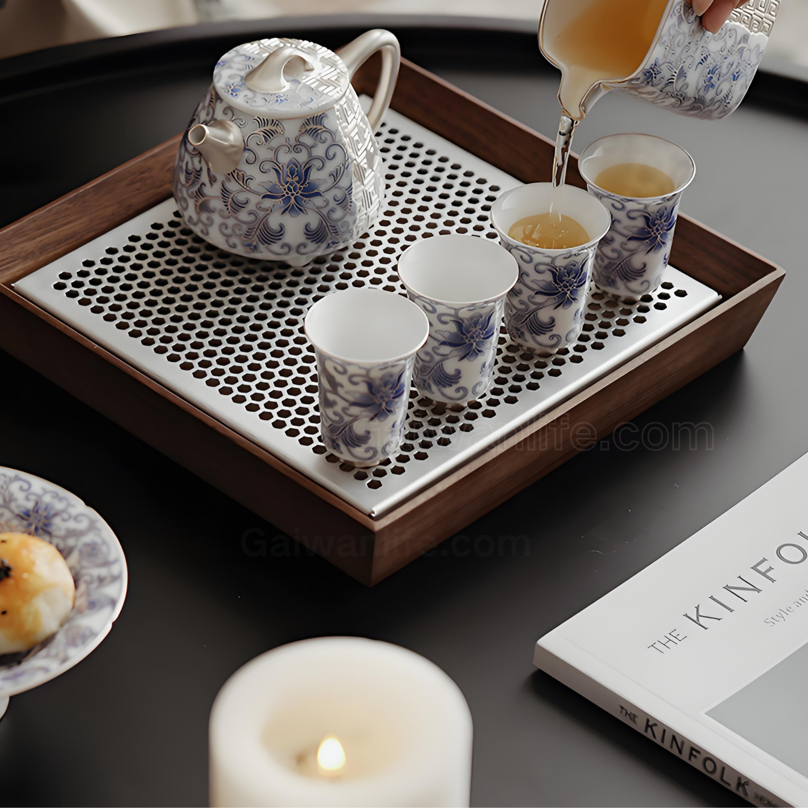 Blue & Silver Ceramic Tea Set with Lotus Design - 10-Piece Handcrafted Gongfu Set