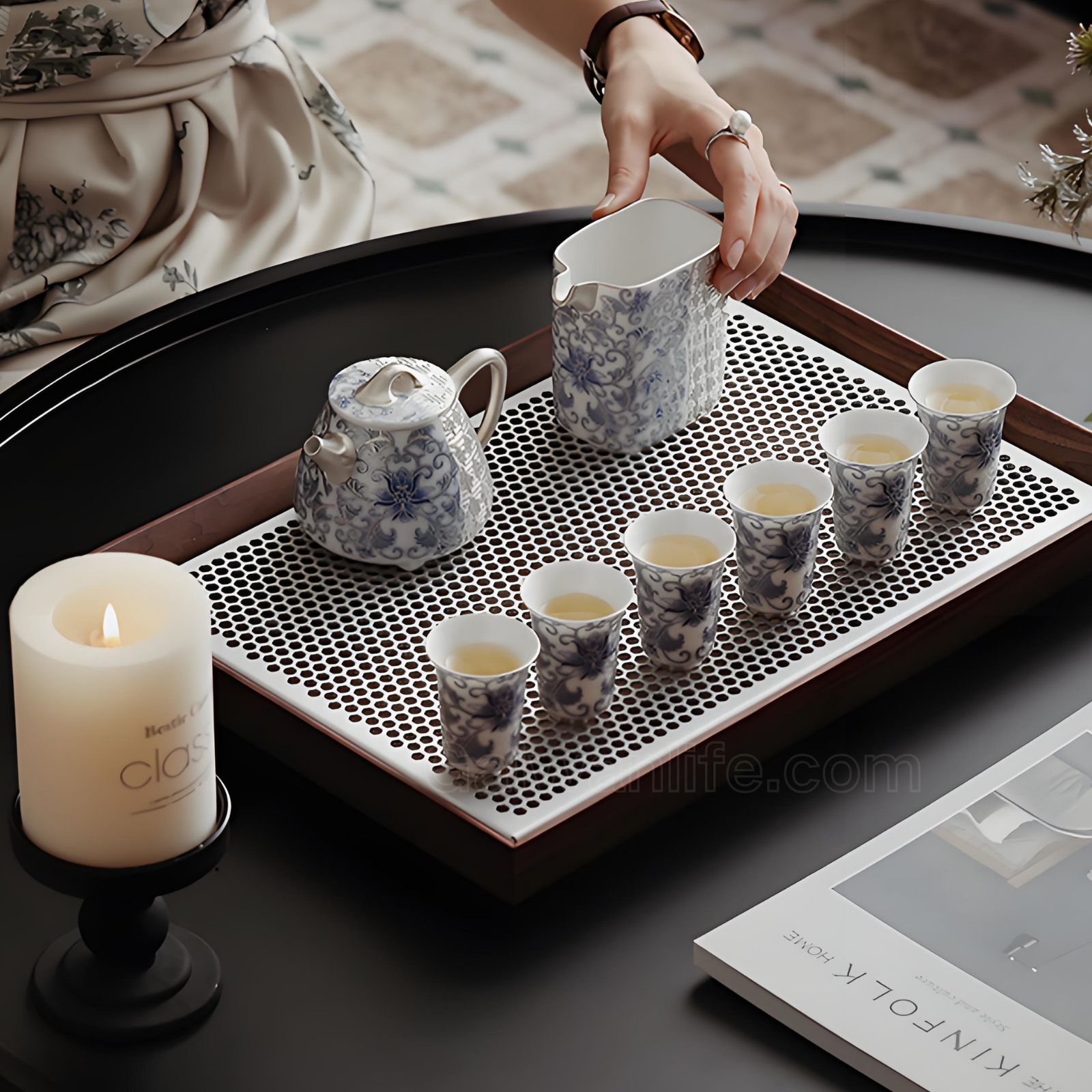 Blue & Silver Ceramic Tea Set with Lotus Design - 10-Piece Handcrafted Gongfu Set