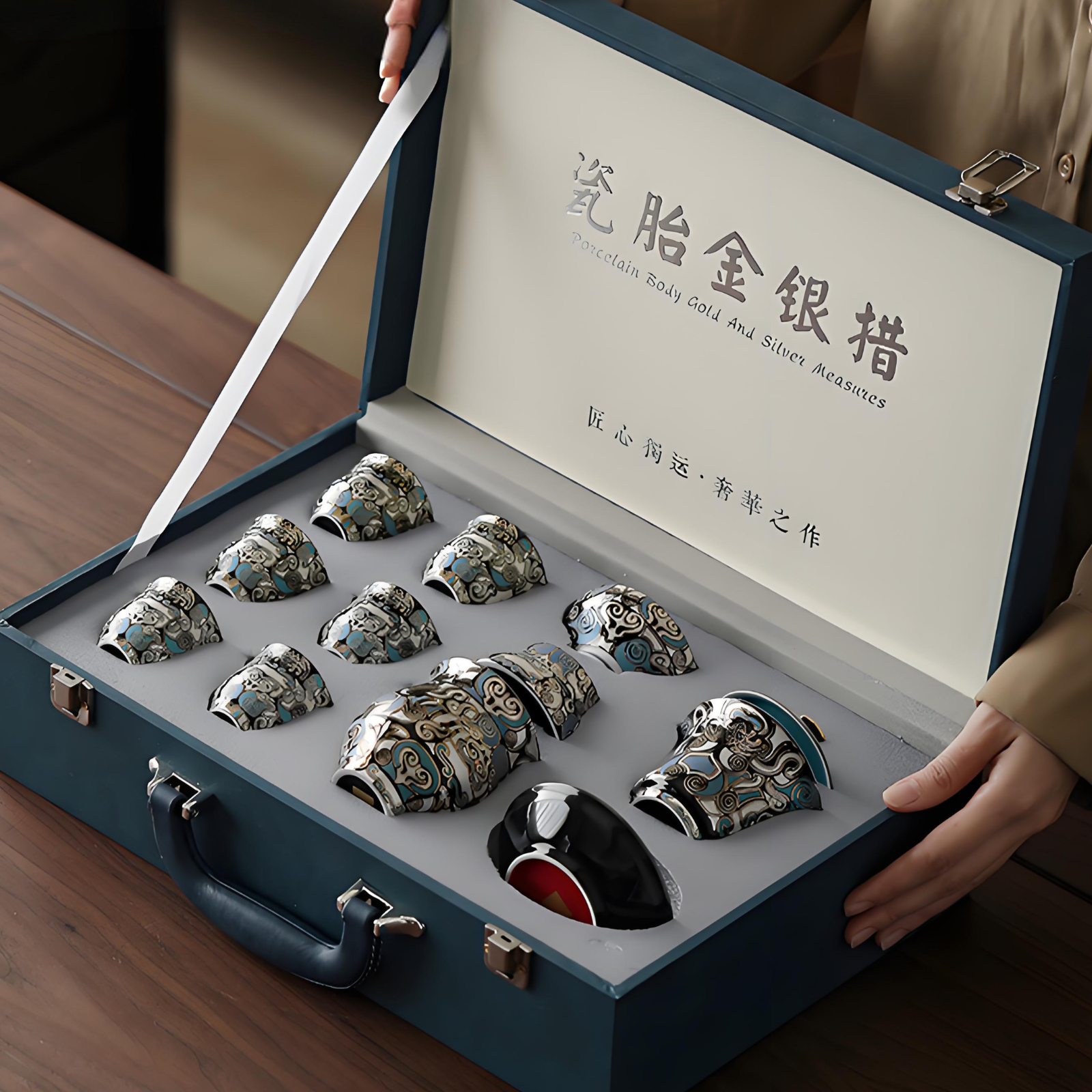 Dunhuang Gold & Silver Inlay Gaiwan Tea Set - 10-Piece Ceramic, Traditional Chinese Luxury Gift Box