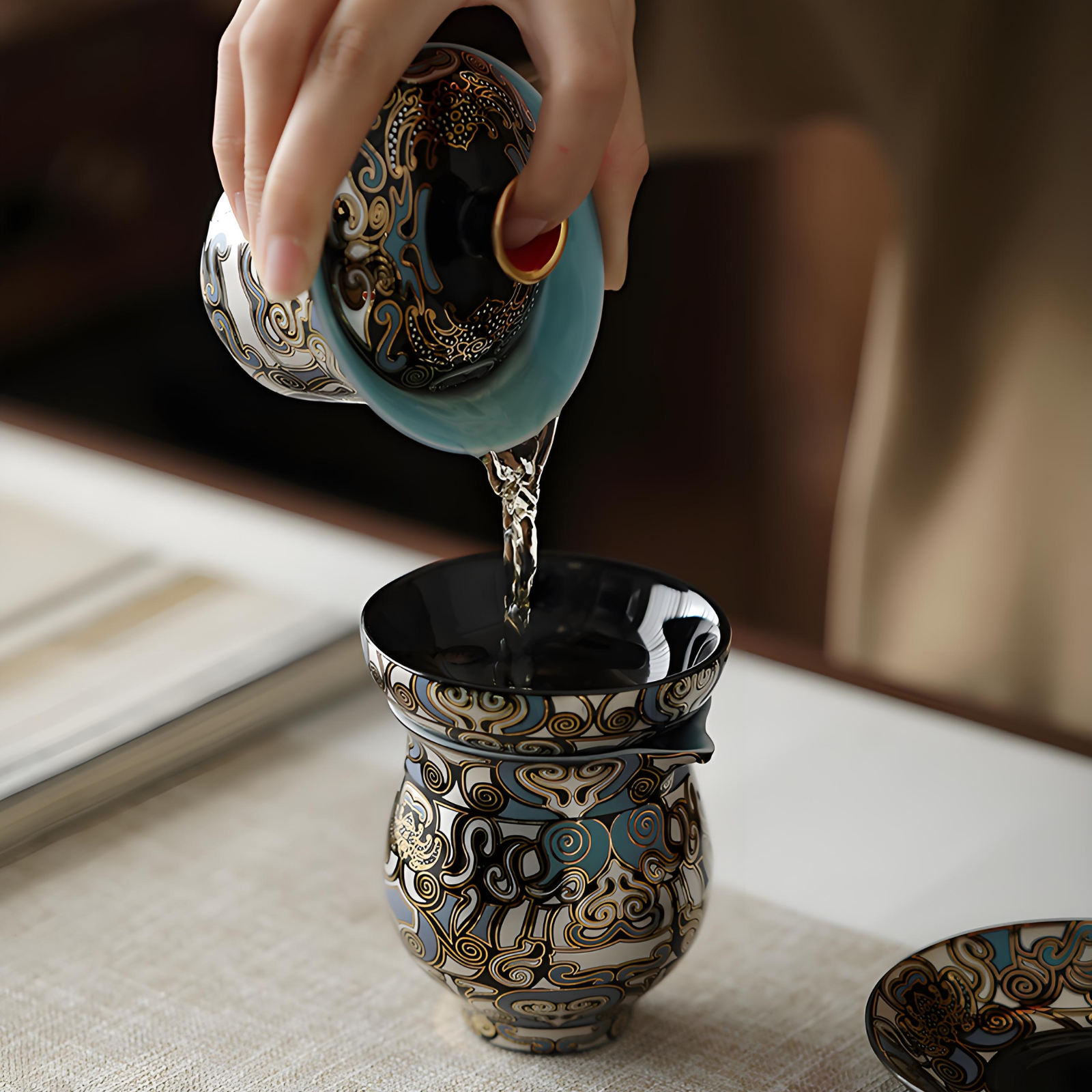 Dunhuang Gold & Silver Inlay Gaiwan Tea Set - 10-Piece Ceramic, Traditional Chinese Luxury Gift Box