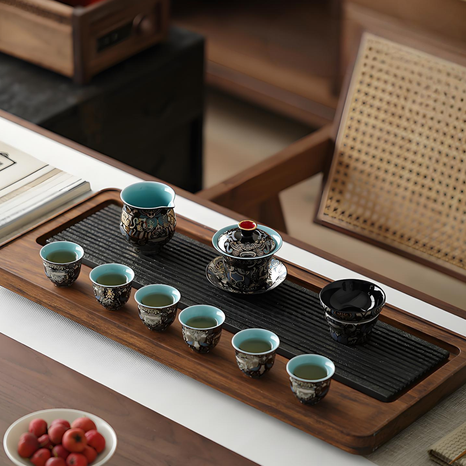 Dunhuang Gold & Silver Inlay Gaiwan Tea Set - 10-Piece Ceramic, Traditional Chinese Luxury Gift Box