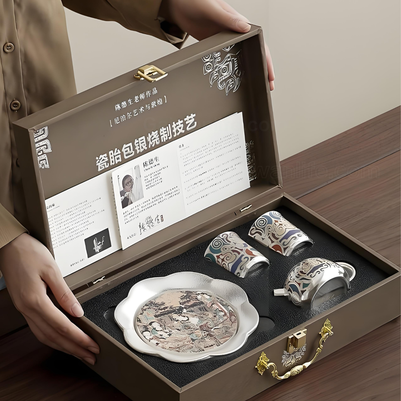 Dunhuang Gold & Silver Inlay Tea Set - Ceramic Teapot with 2 Cups & Tray, Luxury Gift Box