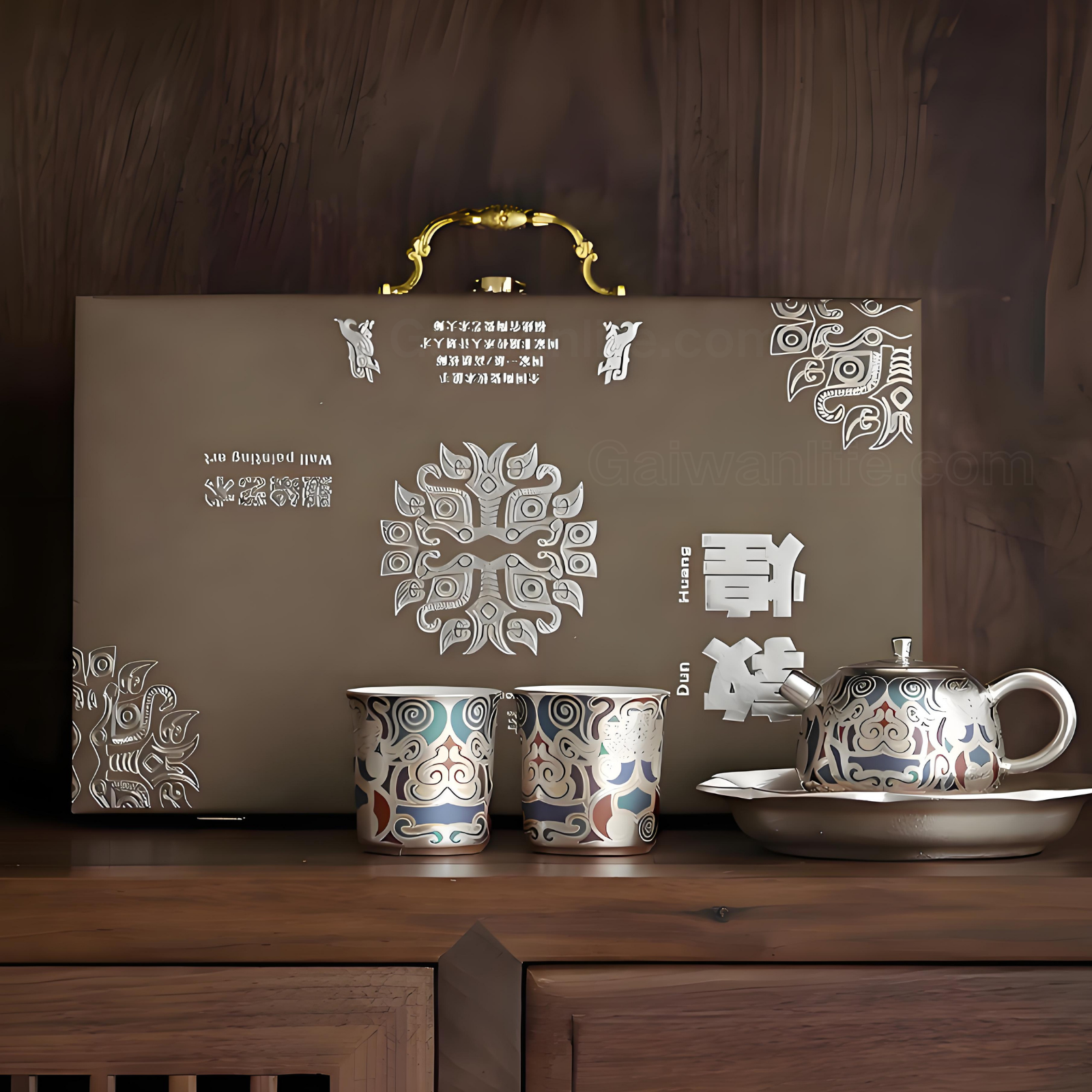 Dunhuang Gold & Silver Inlay Tea Set - Ceramic Teapot with 2 Cups & Tray, Luxury Gift Box